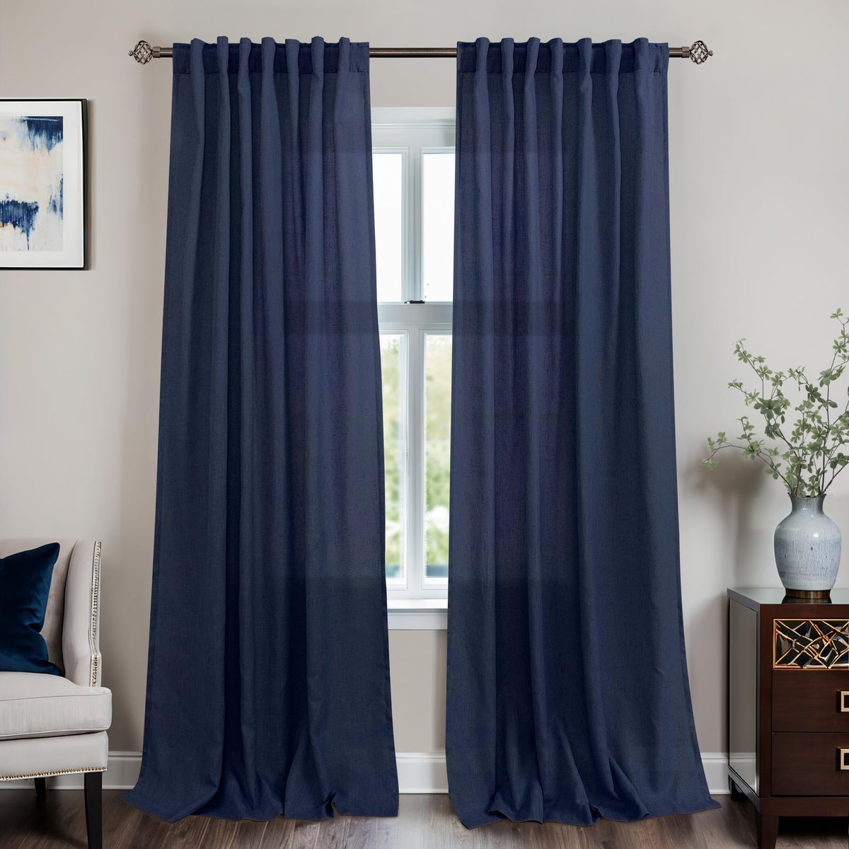 Mrs.Naturall Navy Blue Linen Curtains 84 Inch Length 2 Panels Set,Back Tab Rod Pocket Dark Blue Farmhouse Boho Curtain Window Dr