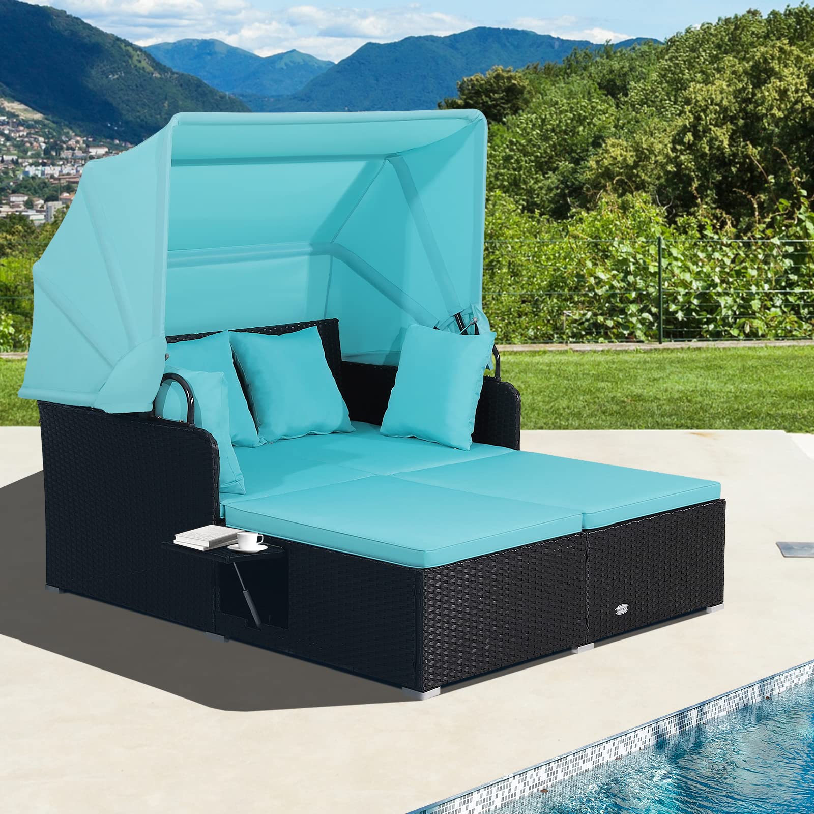 Tangkula Patio Rattan Daybed with Retractable Canopy, Patiojoy Wicker Sun Lounger with 2 Foldable Side Panels, Thick Seat & Back