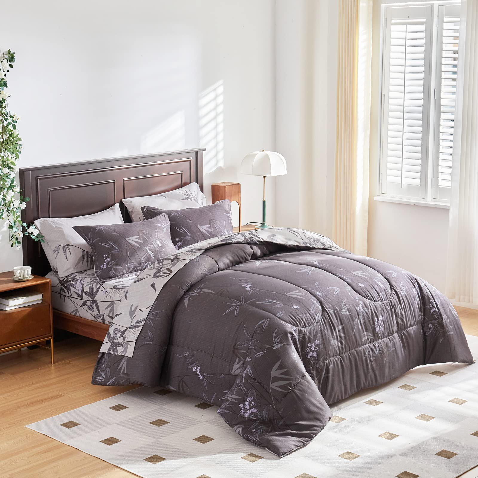 Bed In A Bag 6 Pieces Twin Size, Black Leaves Botanical Design, Soft Microfiber Reversible Bed Comforter Set For Kids (1 Comfort