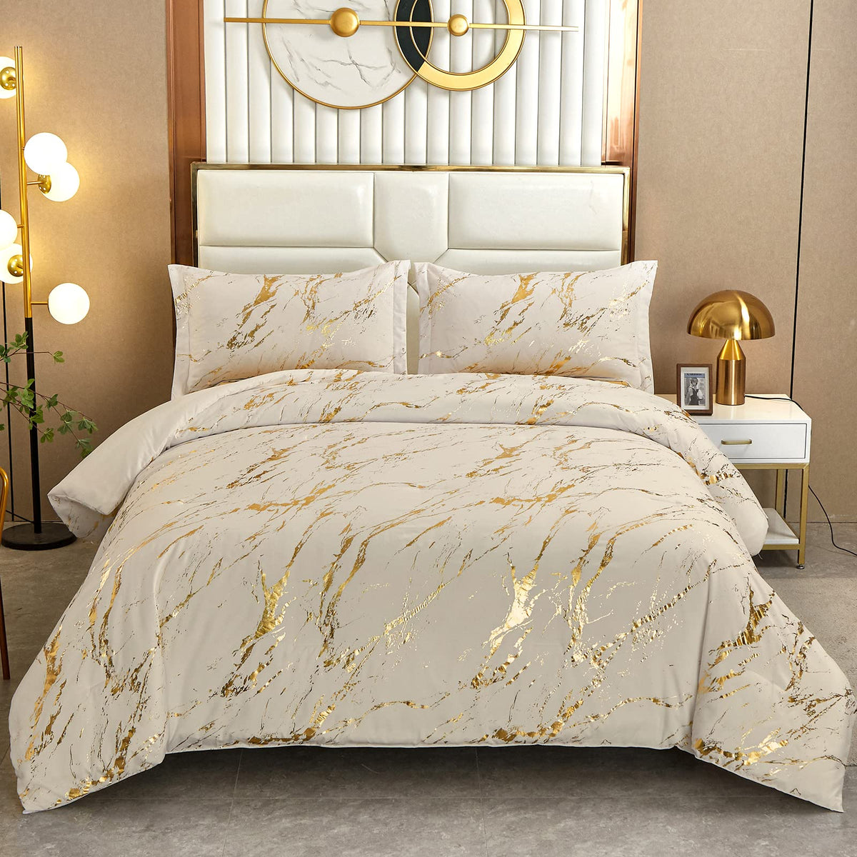 WONGS BEDDING Khaki Gold Metallic Marble Comforter Set King Foil Print Glitter Bedding Sets with 2 Pillowcases for All Seasons, 