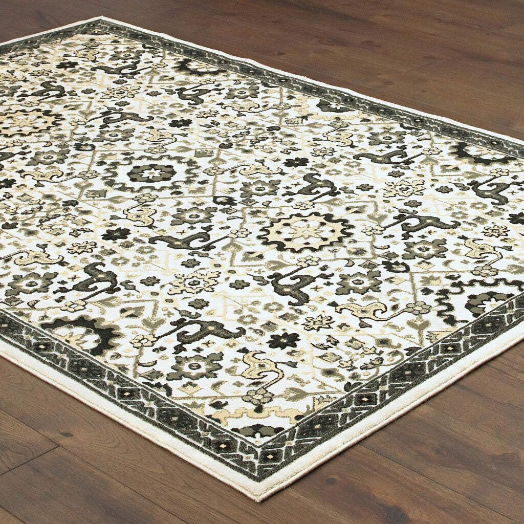 HomeRoots 508365 6 x 9 ft. Ivory Navy & Gold Oriental Power Loom Stain Resistant Rectangle Area Rug