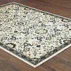 HomeRoots 508365 6 x 9 ft. Ivory Navy & Gold Oriental Power Loom Stain Resistant Rectangle Area Rug