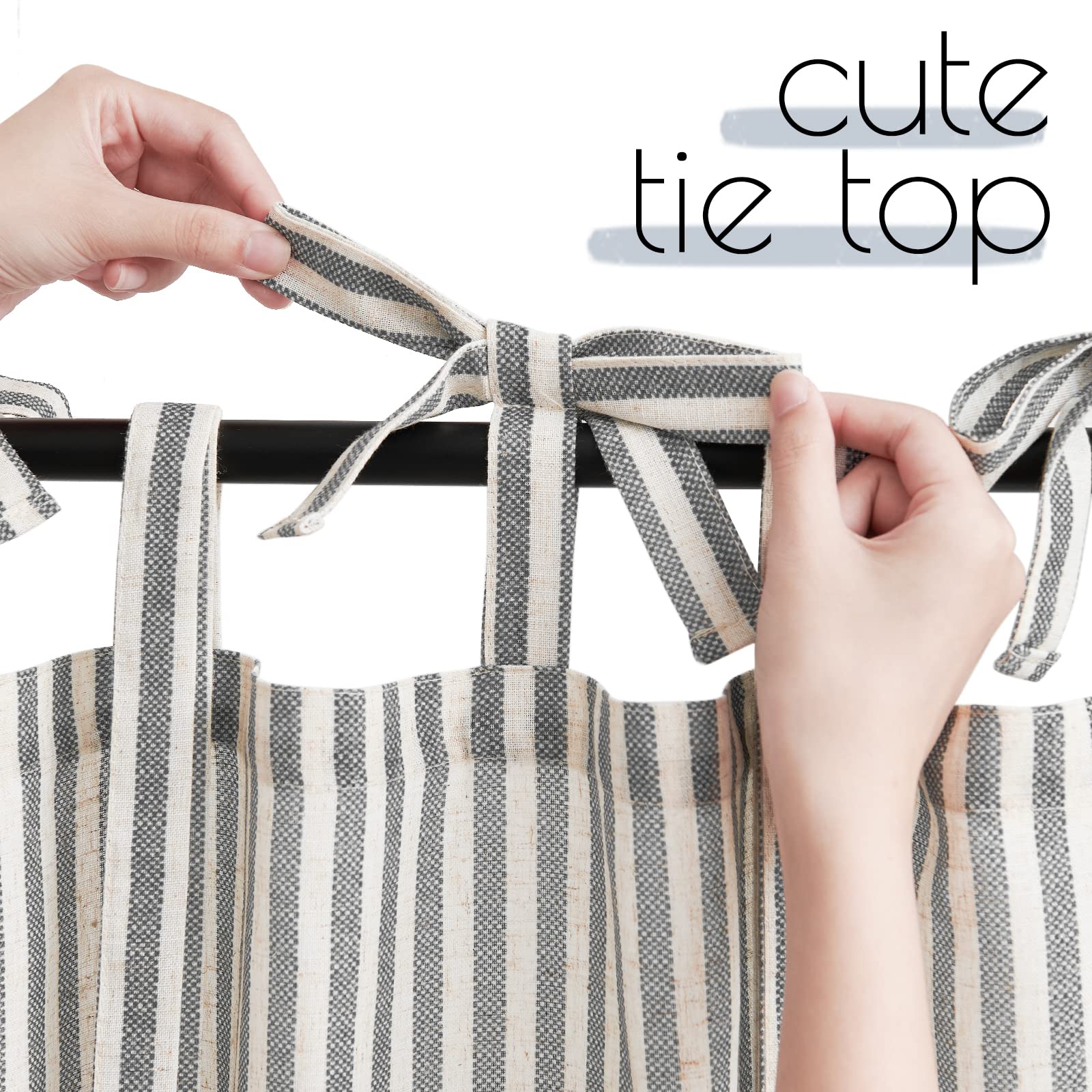 Jinchan Kitchen Curtains Striped Tie Top Linen Tier Curtains 36 Inch Length Short Curtains For Bedroom Living Room Bathroom Farmhouse Light Filtering Rod Pocket Cafe Curtains 2 Panels Black On Beige