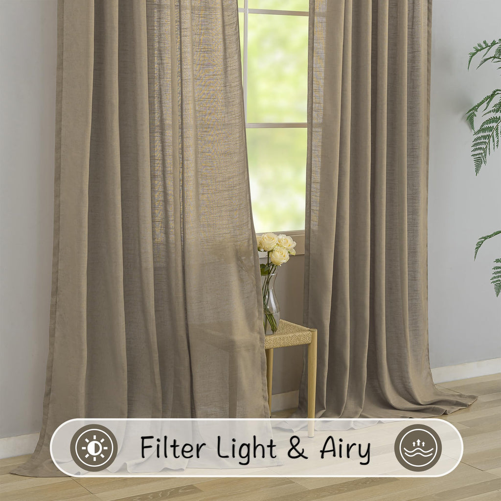 Rustic Livingroom 108 Inch Length Linen Textured Curtains,2 Panels Back Tab Hooks Belt Track Burlap Flax Weave Light Filtering Semi Sheer Drapes,9Ft Extra Long Curtains For High Window,Taupe,52'X108'