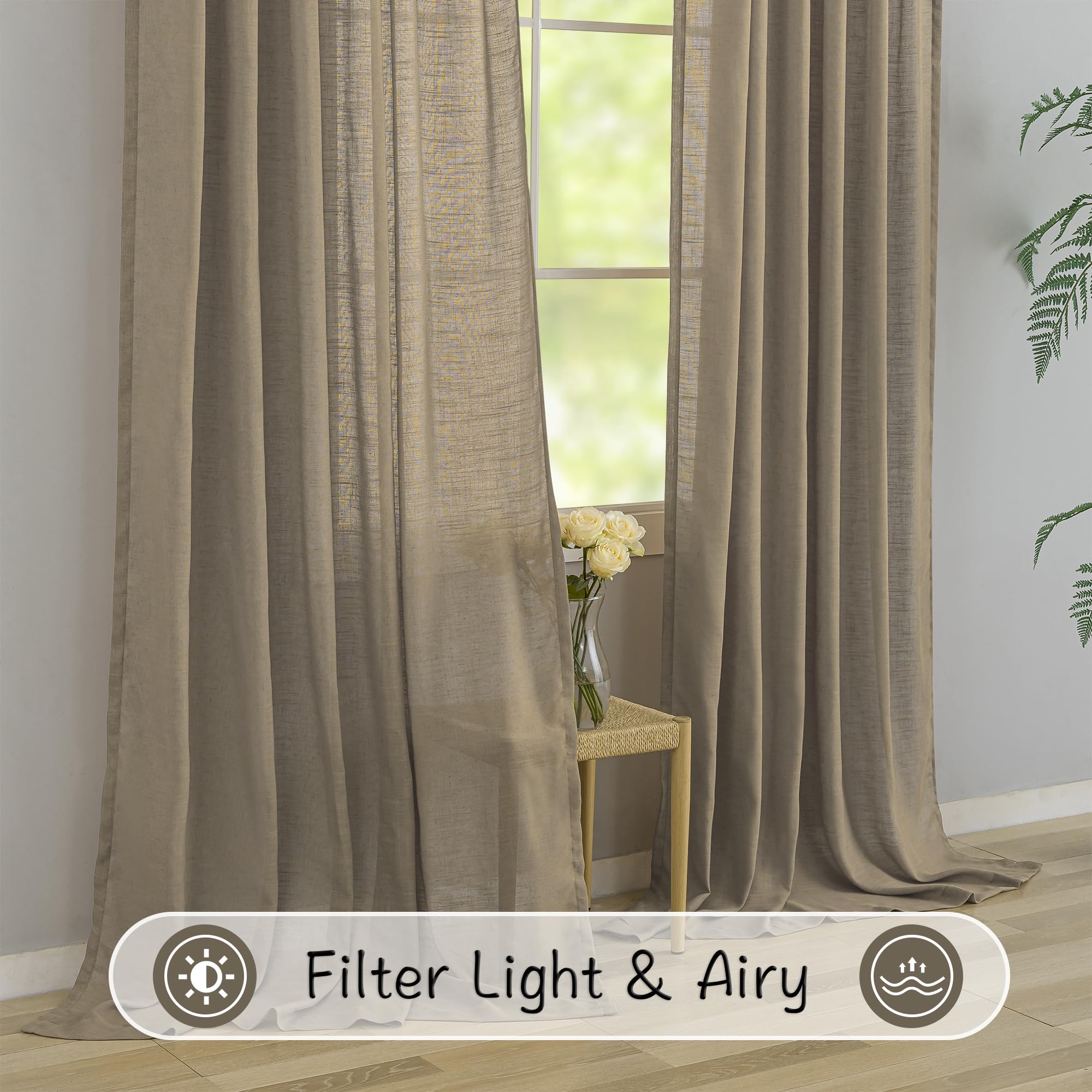 Rustic Livingroom 108 Inch Length Linen Textured Curtains,2 Panels Back Tab Hooks Belt Track Burlap Flax Weave Light Filtering Semi Sheer Drapes,9Ft Extra Long Curtains For High Window,Taupe,52'X108'
