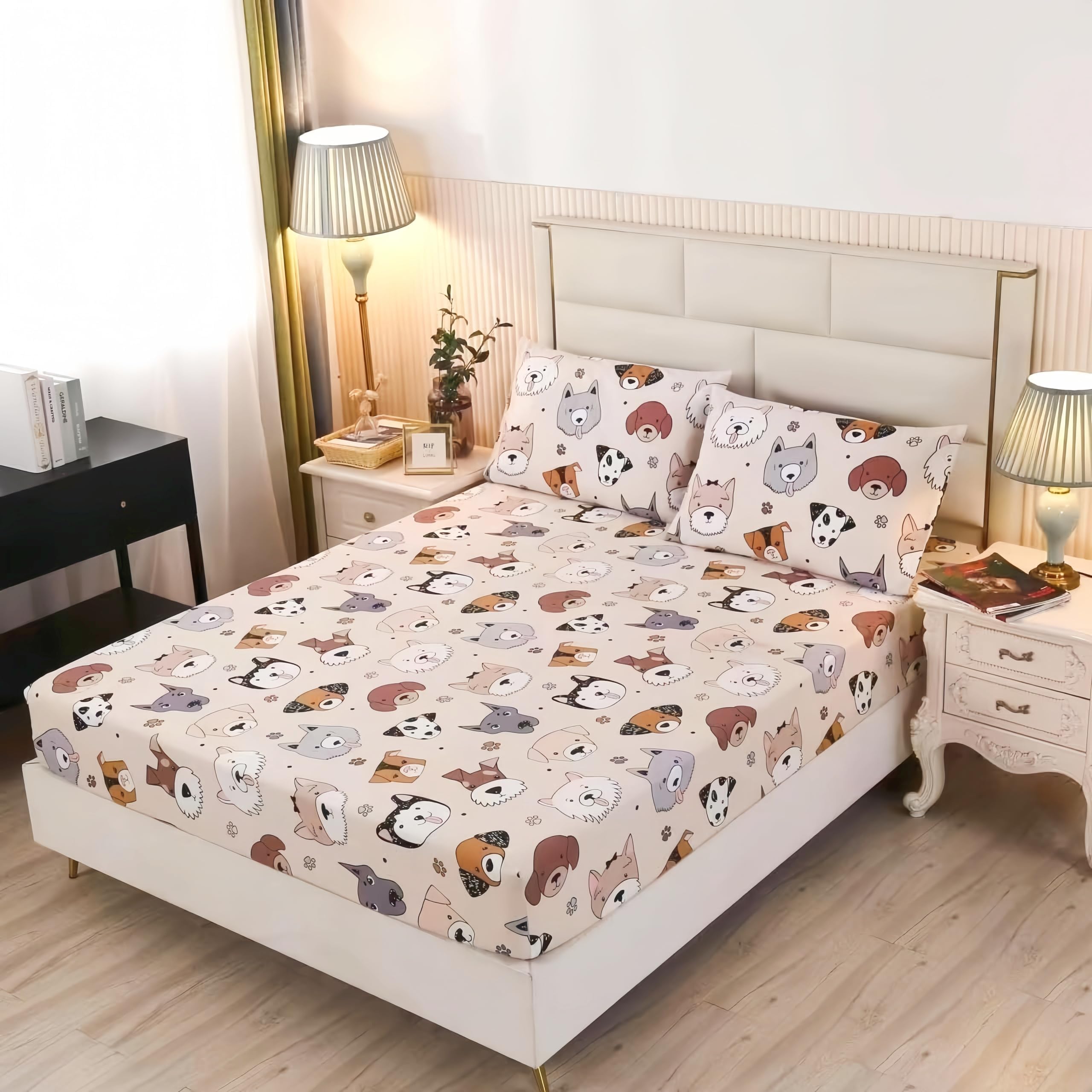 Sdy 3Pcs Dog Fitted Sheet, Doggy Print Pattern Bedding Sheet Full With Deep Pocket Fitted Sheet & 2 Pillowcases, Soft And Trendy