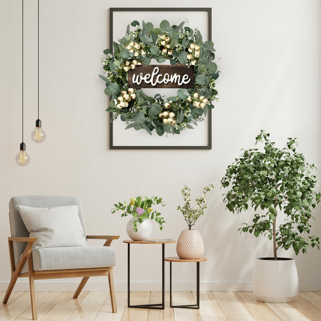 Sggvecsy Green Artificial Eucalyptus Wreath With Welcome Sign 20In Spring Summer Wreath With White Berries For Front Door Wall W