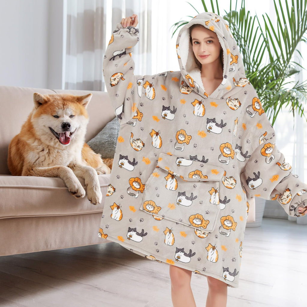 Fiosnow Cat Blanket Hoodies For Women And Men Adult Oversize Wearable Blanket Hoodies For Soft And Warm