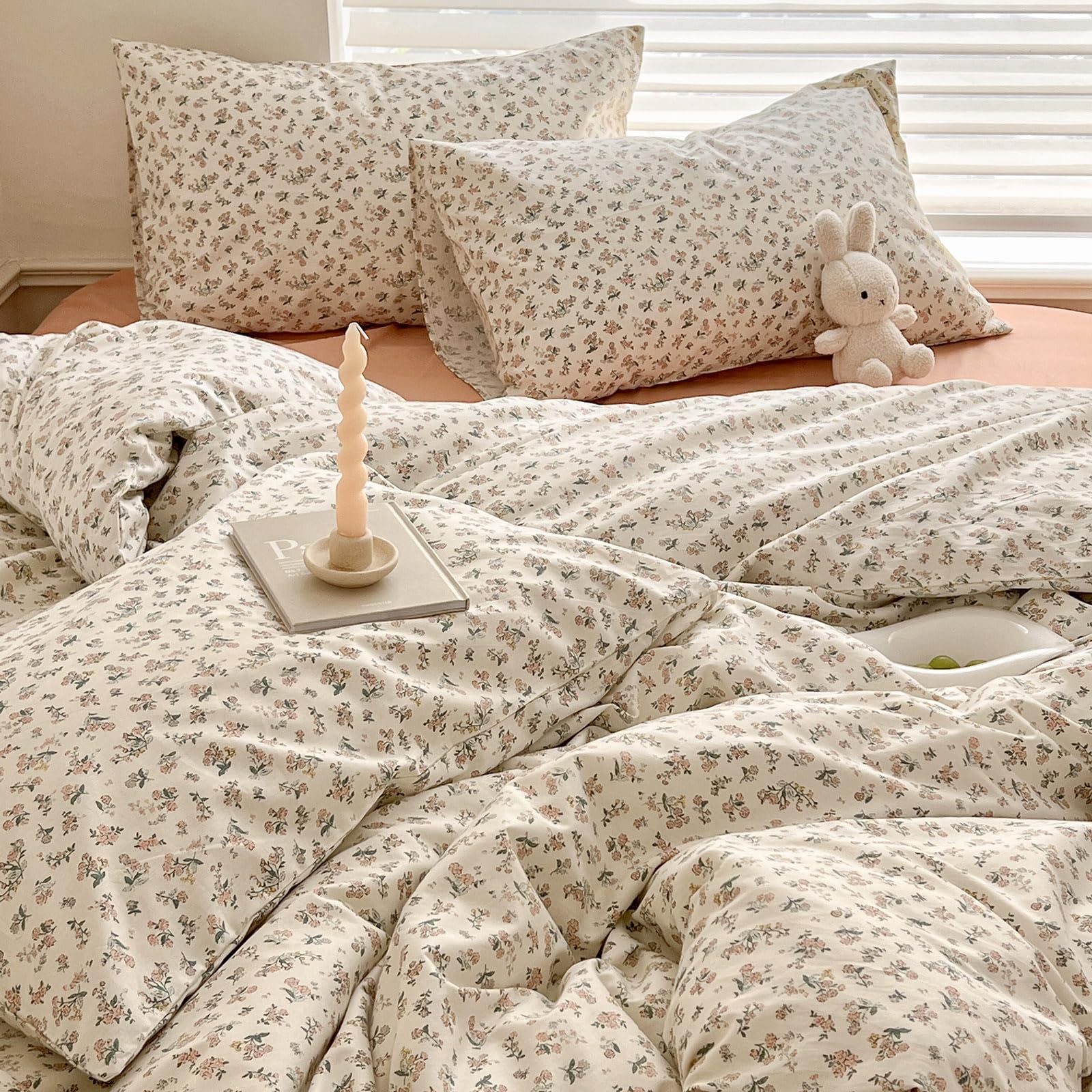 Aesthetic Floral Duvet Cover King Cozy Boho Pink Floral Cotton Bedding Set King French Style Vintage Botanical Duvet Cover Off W