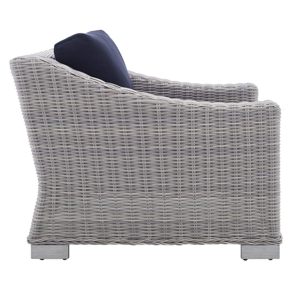 Modway Conway Sunbrella Outdoor Patio Wicker Rattan 2-Piece Armchair And Ottoman Set, Light Gray Navy