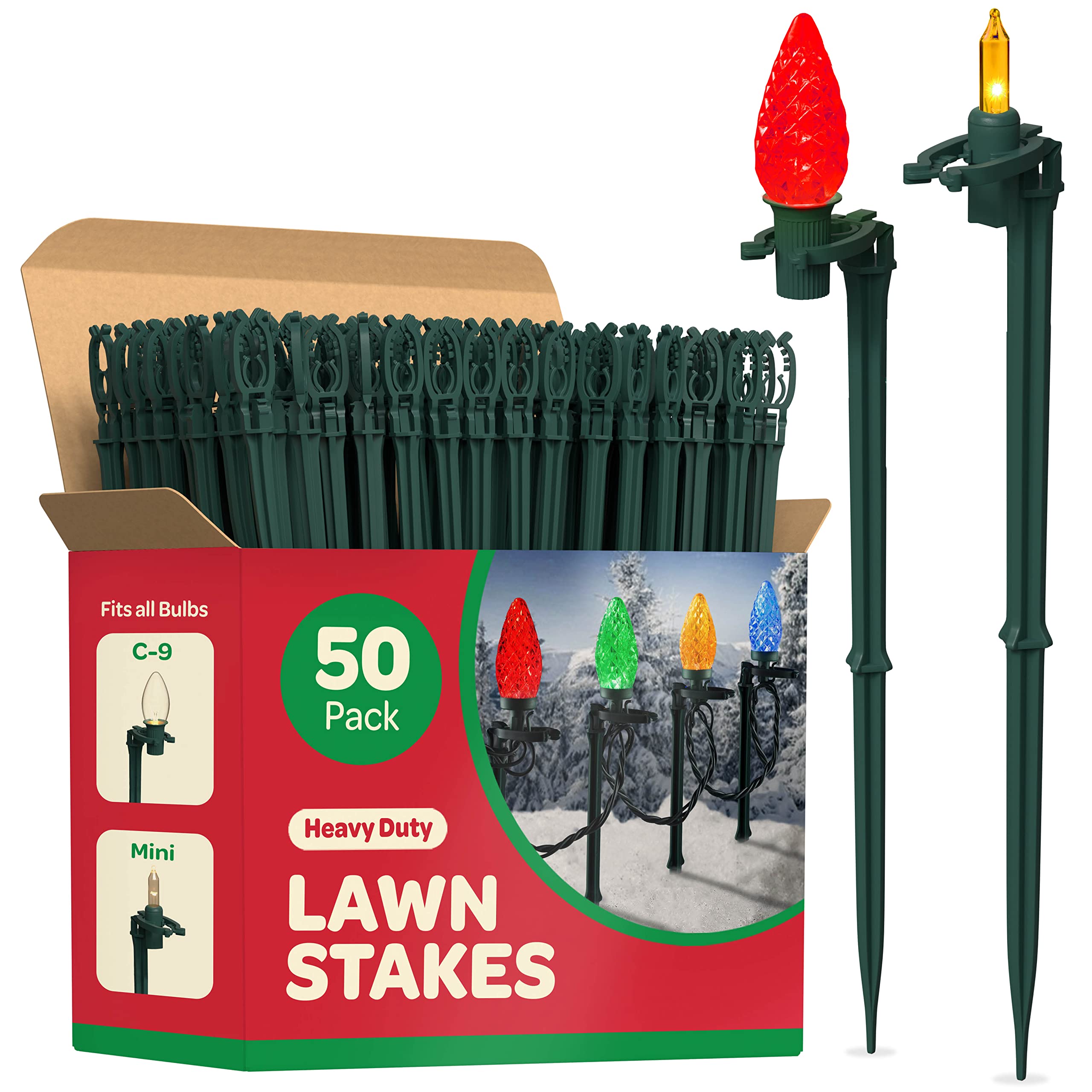 Christmas Light Yard Stakes [Set Of 50] Outdoor Light Stakes - 8.5' Tall - Universal Christmas Pathway Lights On Yards, Drivewa