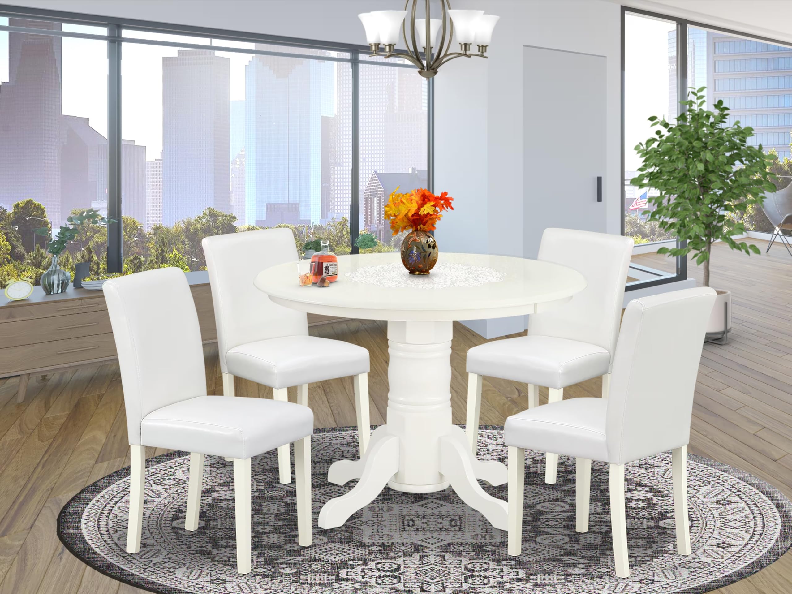 East West Furniture Shab5-Lwh-64 5 Piece Dining Set Includes A Round Kitchen Table With Pedestal And 4 White Faux Leather Parsons Dining Chairs, 42X42 Inch, Linen White