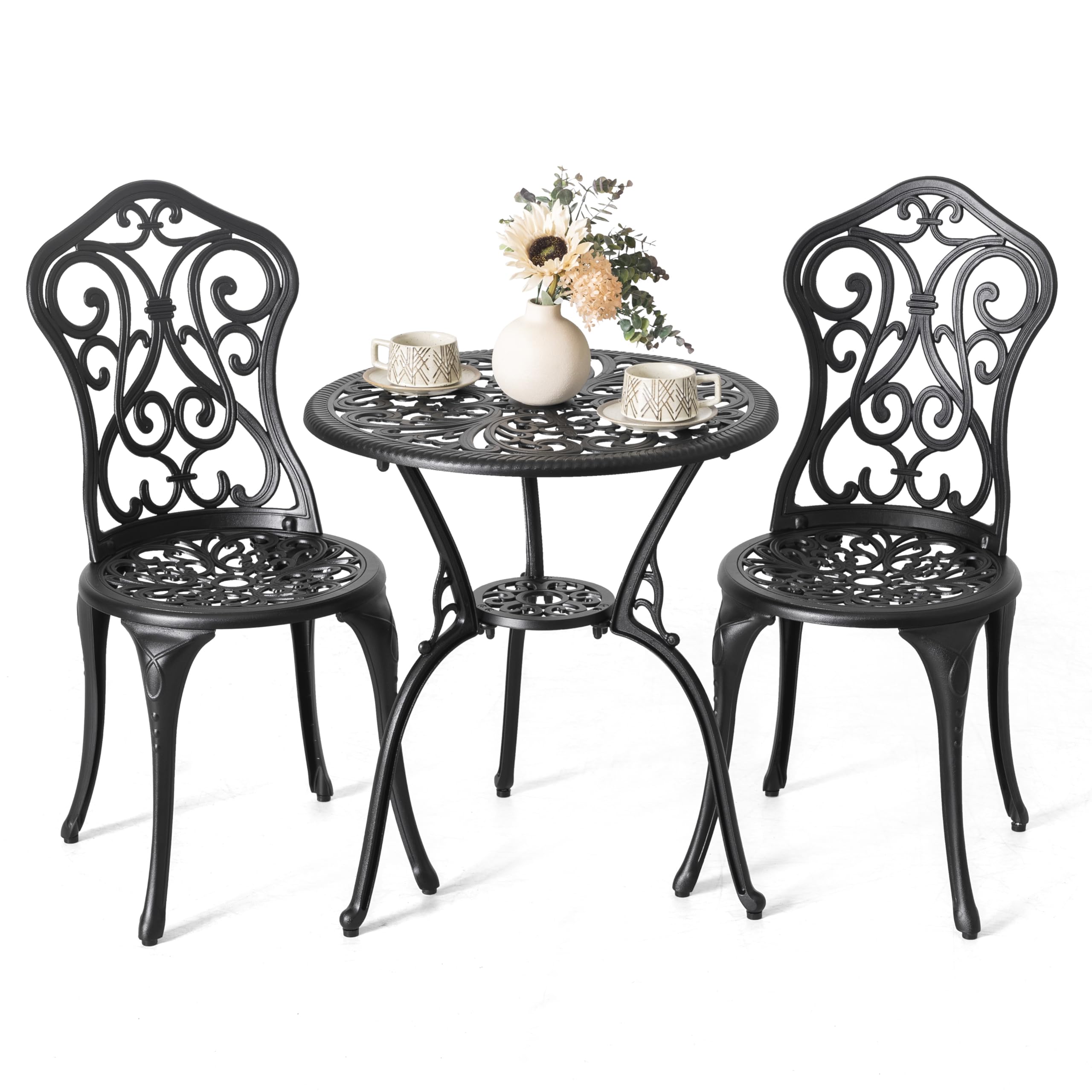 Nuu Garden 3 Pieces Patio Bistro Set, Outdoor Bistro Set With 2 Chairs, Round Table With Umbrella Hole, All-Weather Outdoor Patio Bistro Set For Garden, Lawn, Poolside, Porch, Black