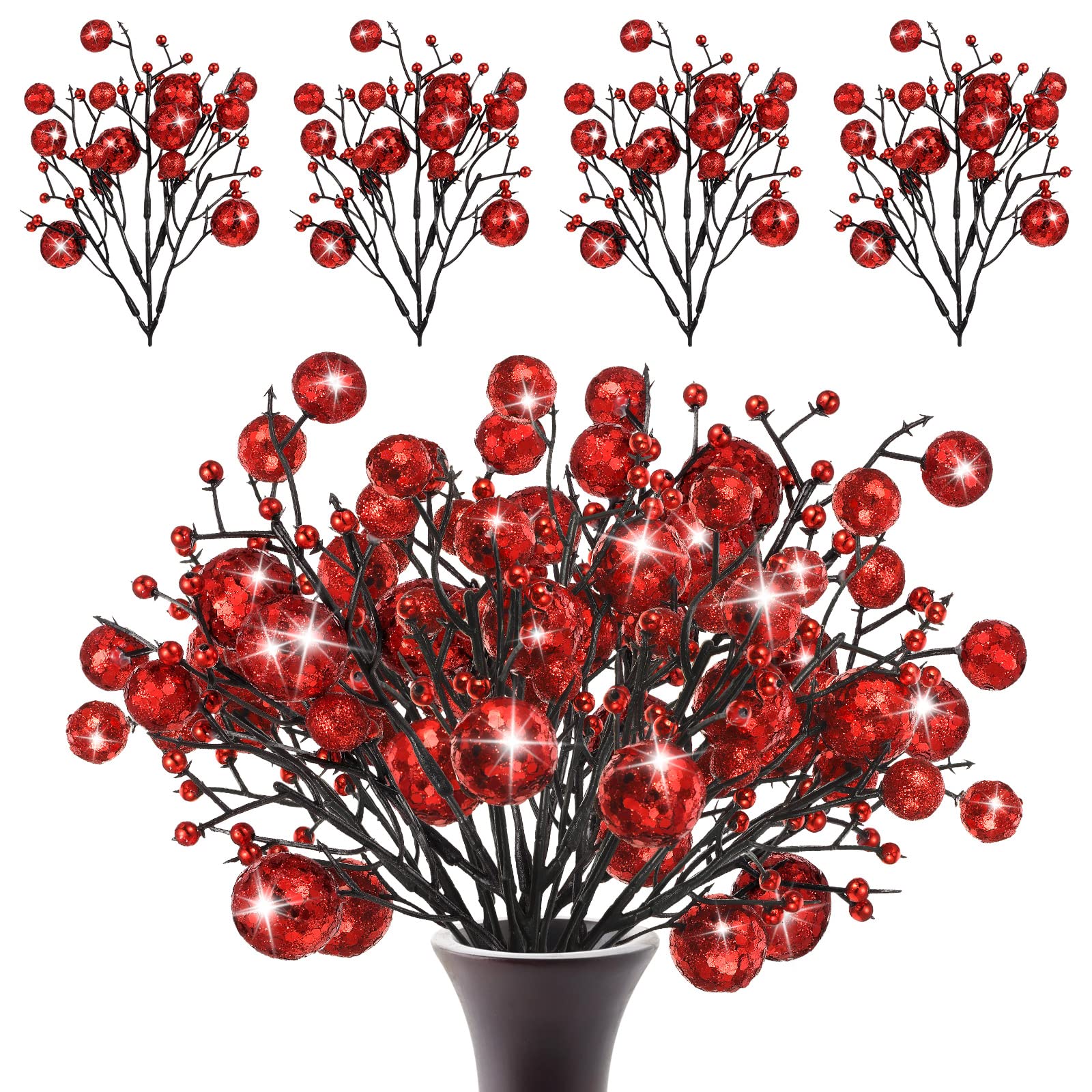 24 Pieces Christmas Glitter Berries Stems 10 Inch Christmas Berry Picks Artificial Glittered Berries Ornaments Floral Stems for 