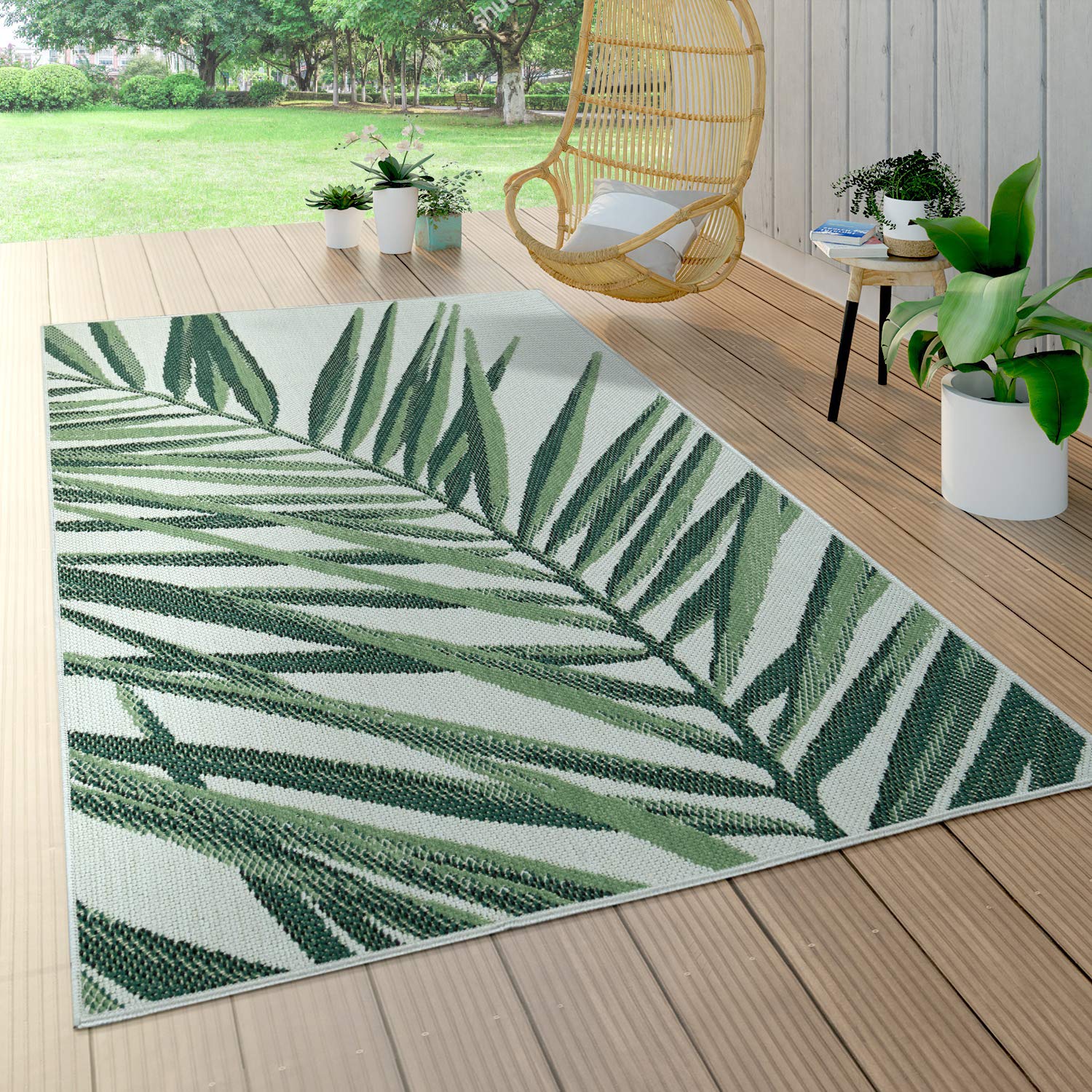 Outdoor Rug Green Beige With Palm Leaf Pattern For Patio Terrace Flat Weave, Size: 3'11' X 5'7'
