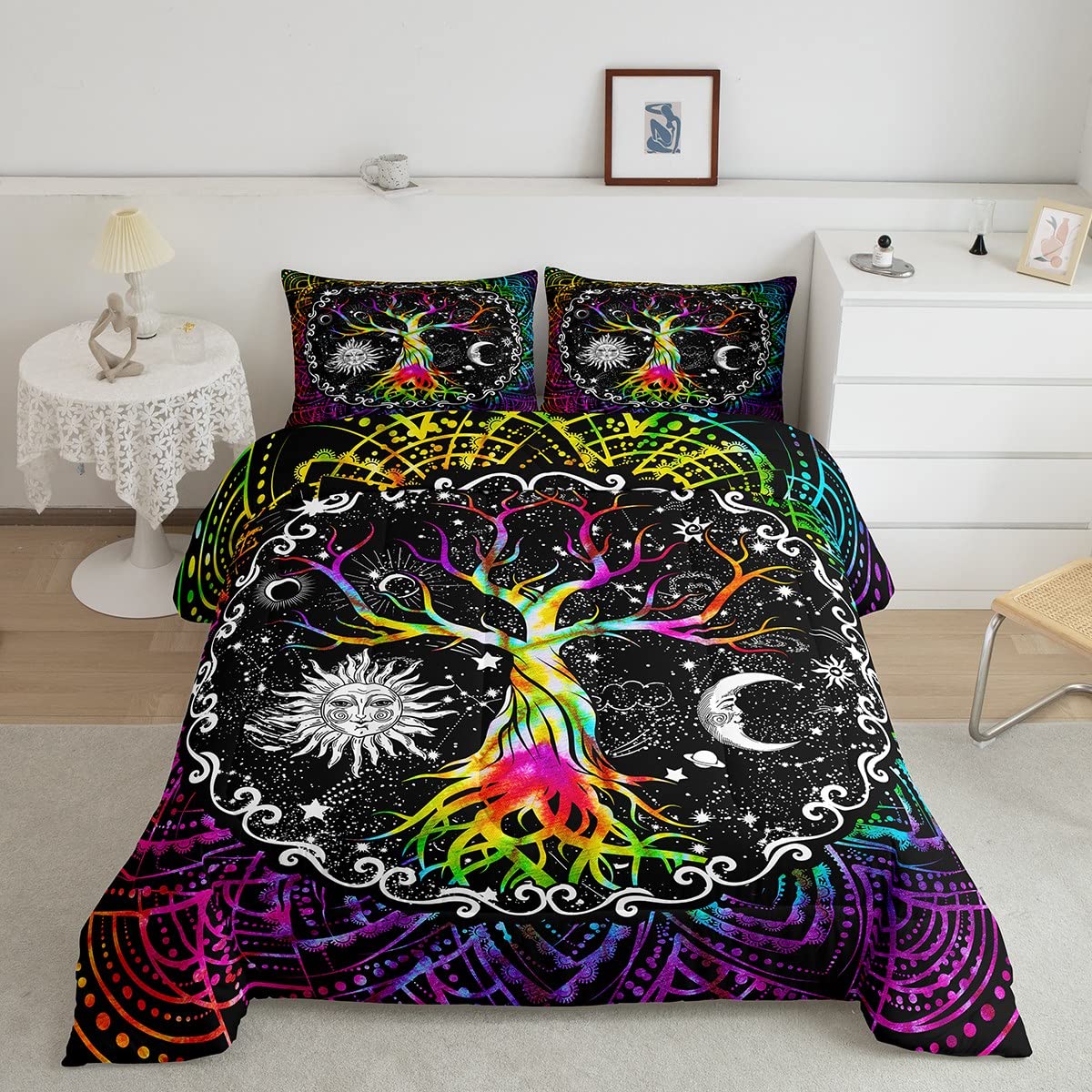 Erosebridal Sun and Moon Comforter Set Full,Tree of Life Bedding for Girls Women Gothic Glitter Stars Bedding Comforter Sets,Boh