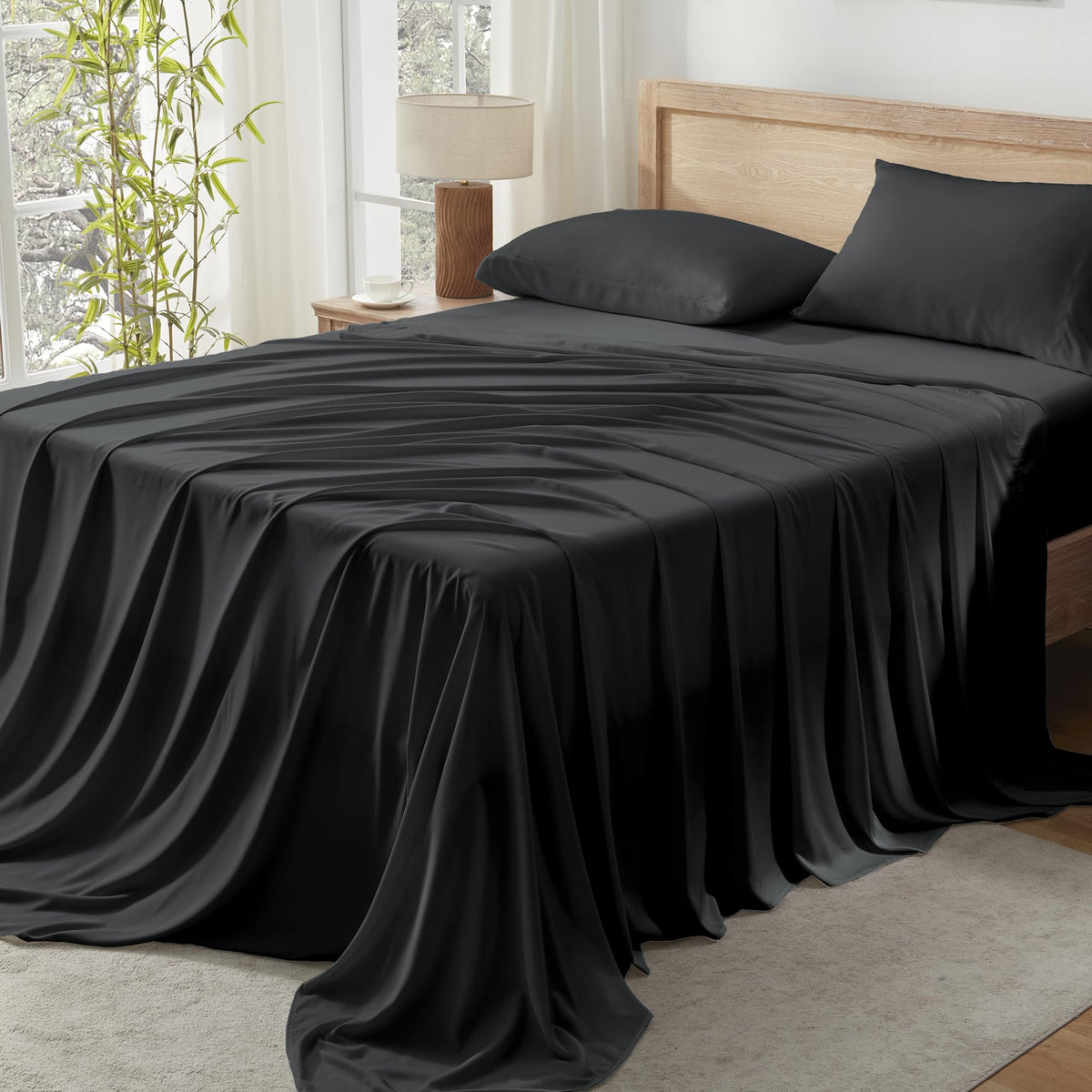 Andency Black Full Size Bed Sheets, 100% Viscose Derived From Bamboo, Cooling Full Sheets, Deep Pocket Up To 16', Silky Soft Bed Sheets, Hotel Luxury Breathable Bedding Sheets & Pillowcases…