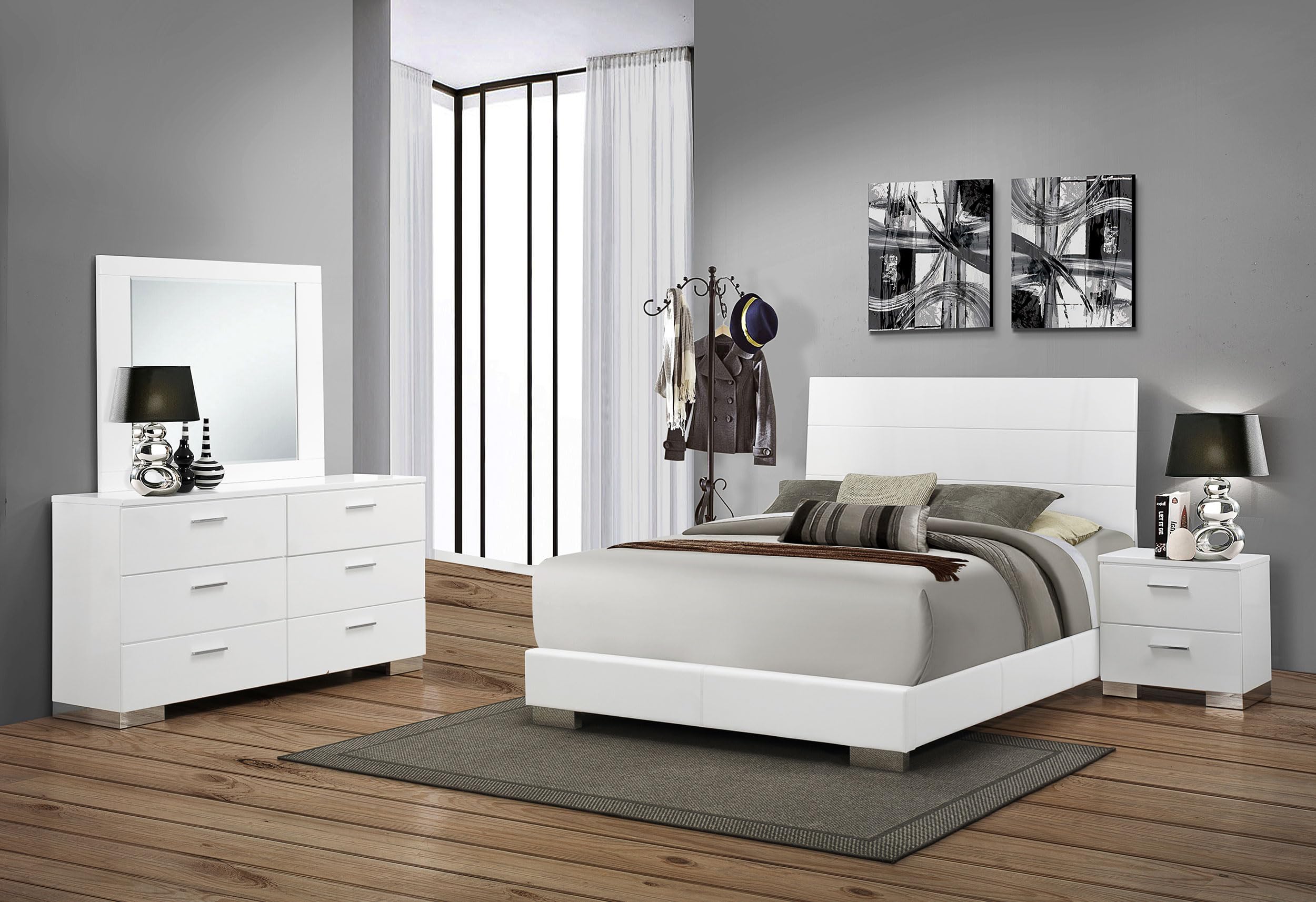 Coaster Home Furnishings Felicity Contemporary 4-Piece Bedroom Set Eastern King Size Panel Bed Frame 51-inch Headboard White High Gloss 203501KE-S4