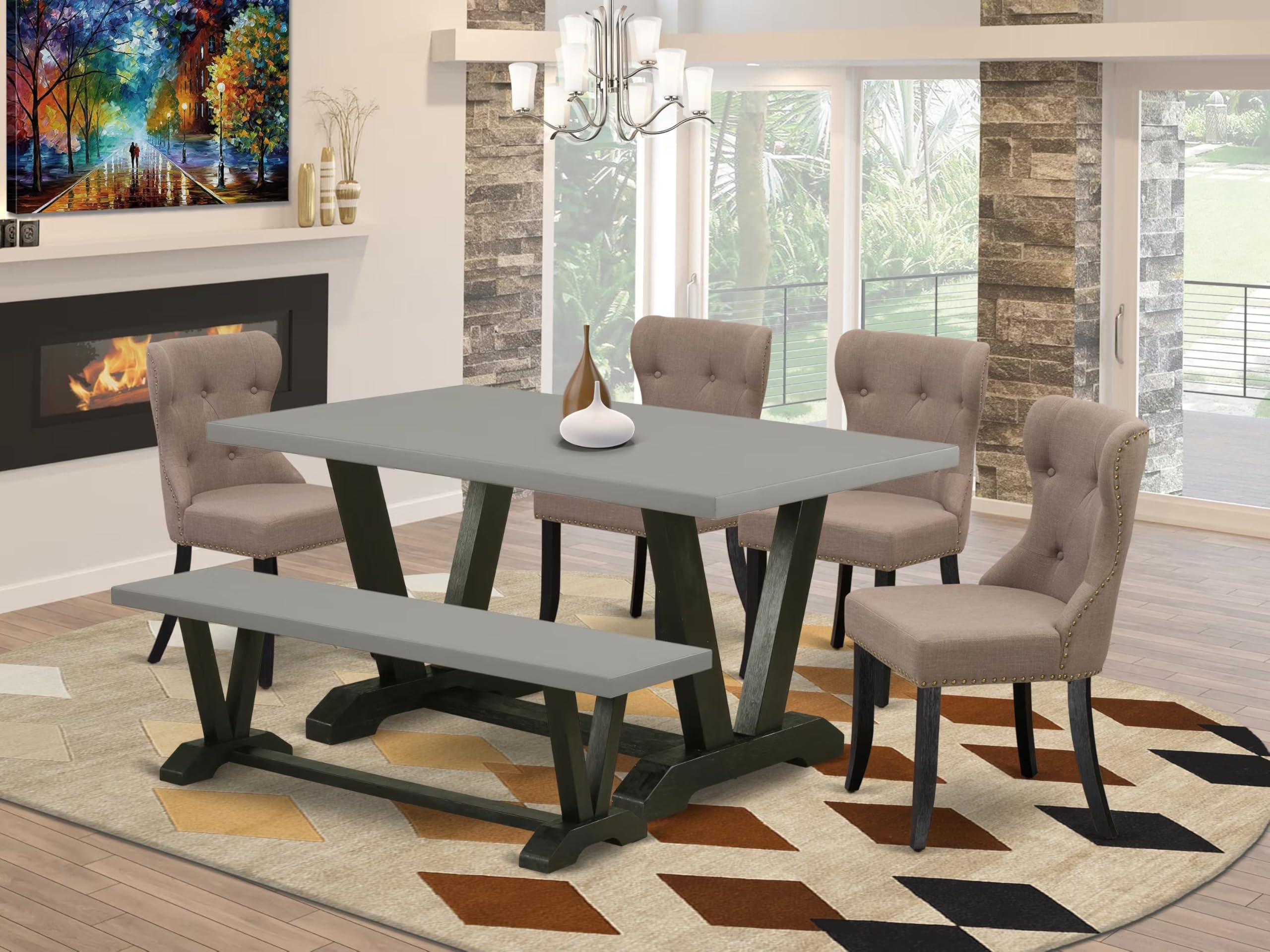 East West Furniture V696Si648-6 6 Piece Kitchen Table Set Contains A Rectangle Dining Table With V-Legs And 4 Coffee Linen Fabric Upholstered Chairs With A Bench, 36X60 Inch, Multi-Color