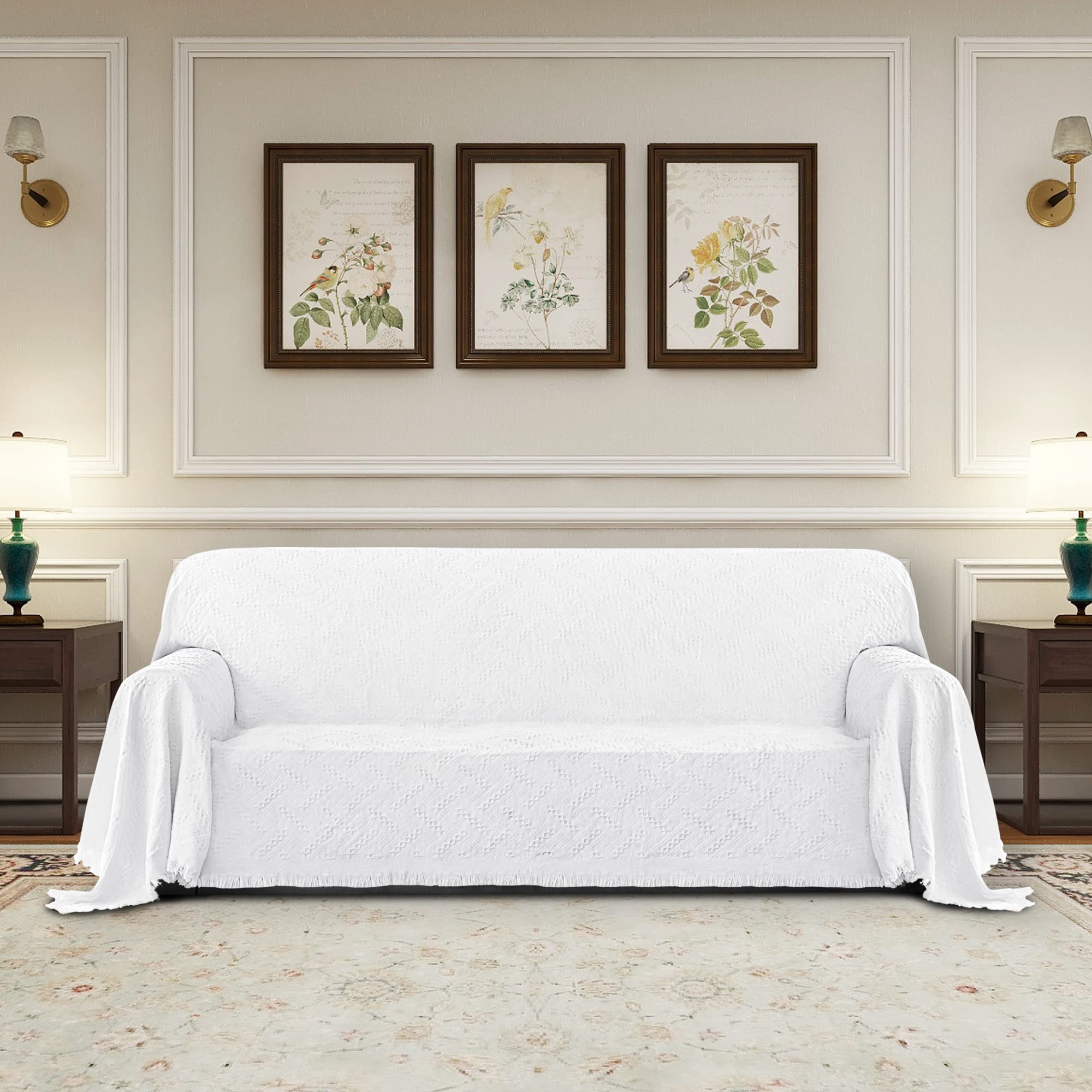 Purefit Geometric Jacquard Throw Sofa Cover - Textured Soft Washable Decorative Couch Covers For 3 Cushion Couch, Throw Cover With Tassels Furniture Protector For Pets, Kids (X-Large,White)