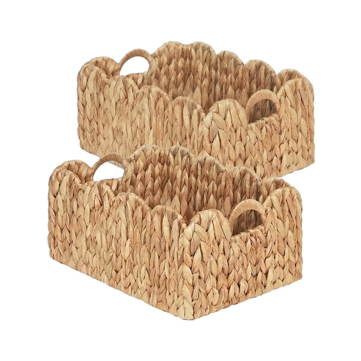 LUSYDECO Set of 2 Scalloped Edge Wicker Storage Basket with Builtin Handles, Rectangle Water Hyacinth Basket for Organizing, De