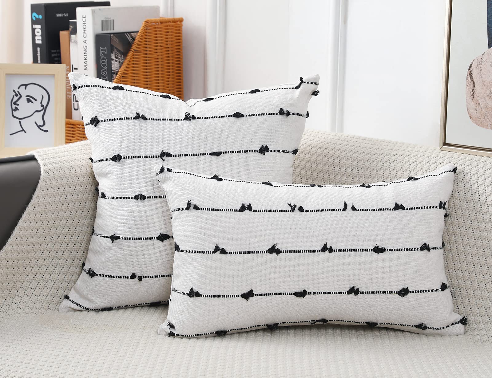 Nuyecy Set Of 2 Boho Throw Pillow Covers 22X22,Black Off White Neutral Couch Pillow Case With Tassel Fringe Decorative,Modern Ac