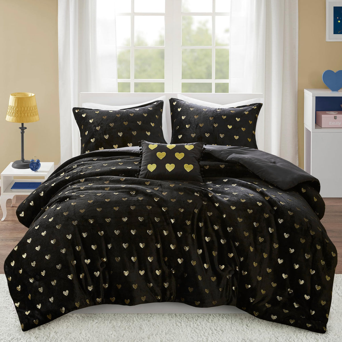 Mi Zone Twin Comforter Set, 3 Piece Metallic Hearts Bedroom Set For Girls, Soft Plush Comforter, Rosalie All Season Fluffy Twin