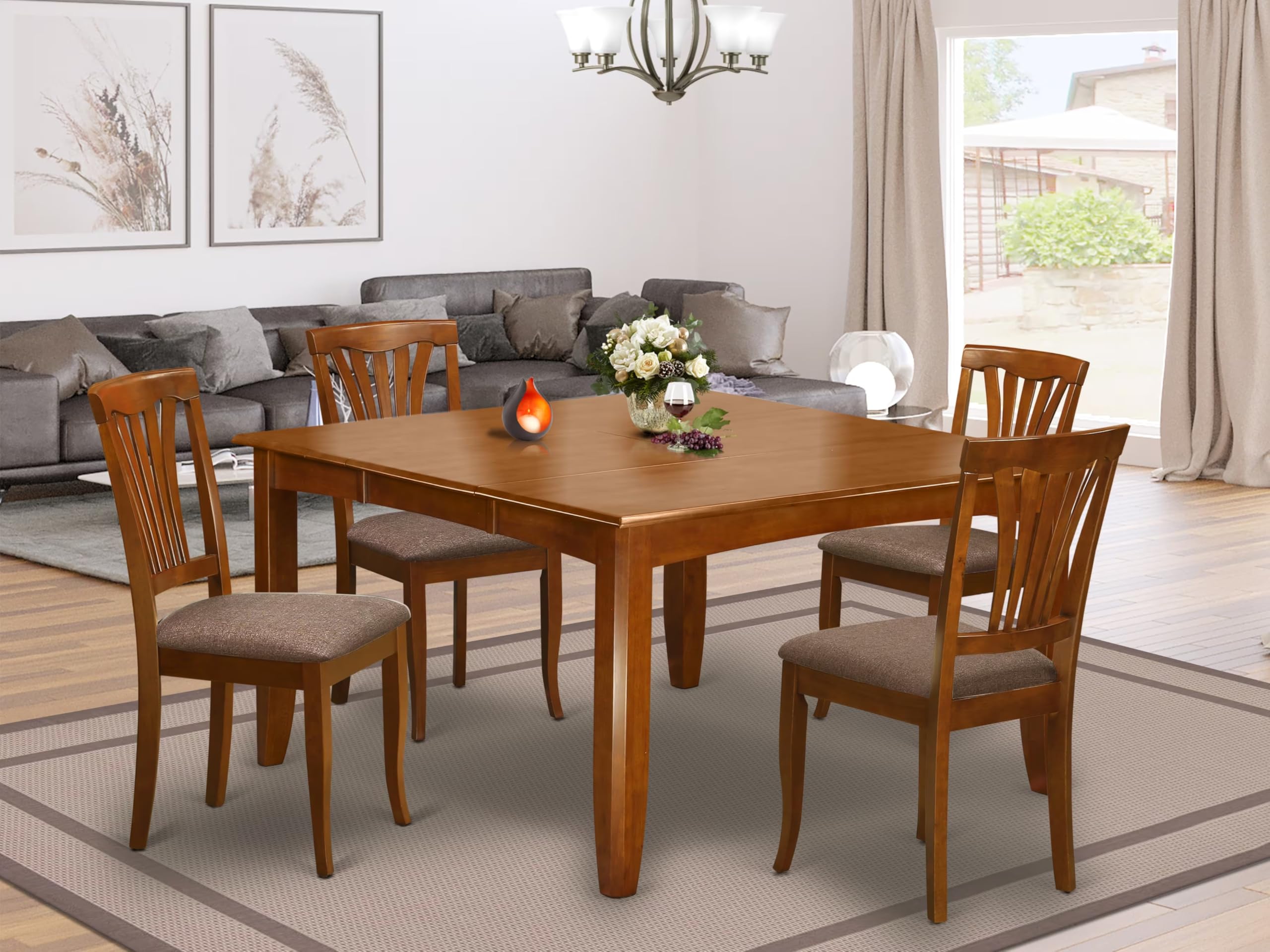 East West Furniture PFAV5-SBR-C 5 Piece Dining Table Set for 4 Includes a Square Kitchen Table with Butterfly Leaf and 4 Linen Fabric Kitchen Dining Chairs, 54x54 Inch, Saddle Brown