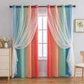 Indistar Colourful Stripe Star Cut-Out Blackout Curtains For Bedroom,2 Layers Mix Design Of Fabric & Tulle,Pretty Window Curtain