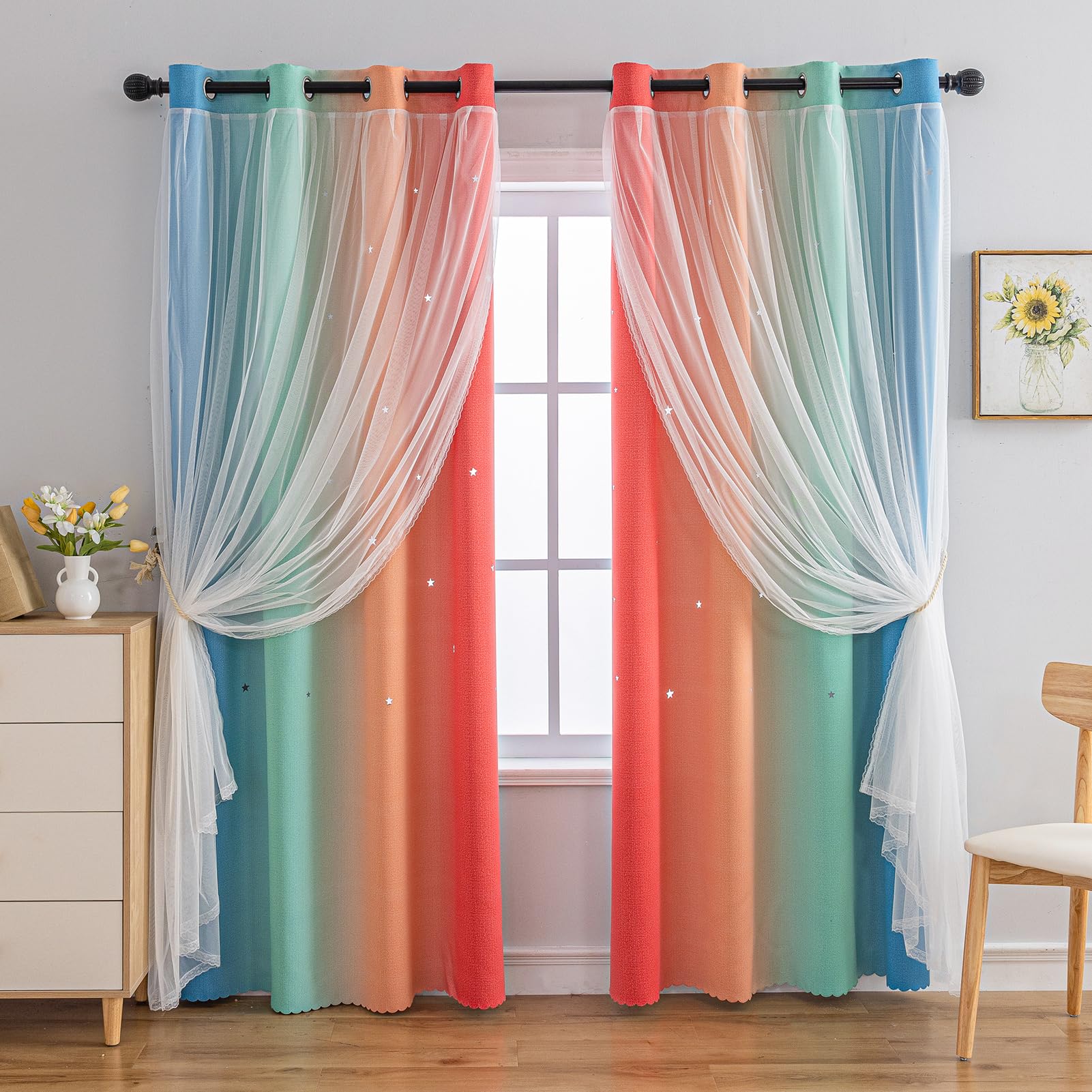 Indistar Colourful Stripe Star Cut-Out Blackout Curtains For Bedroom,2 Layers Mix Design Of Fabric & Tulle,Pretty Window Curtain