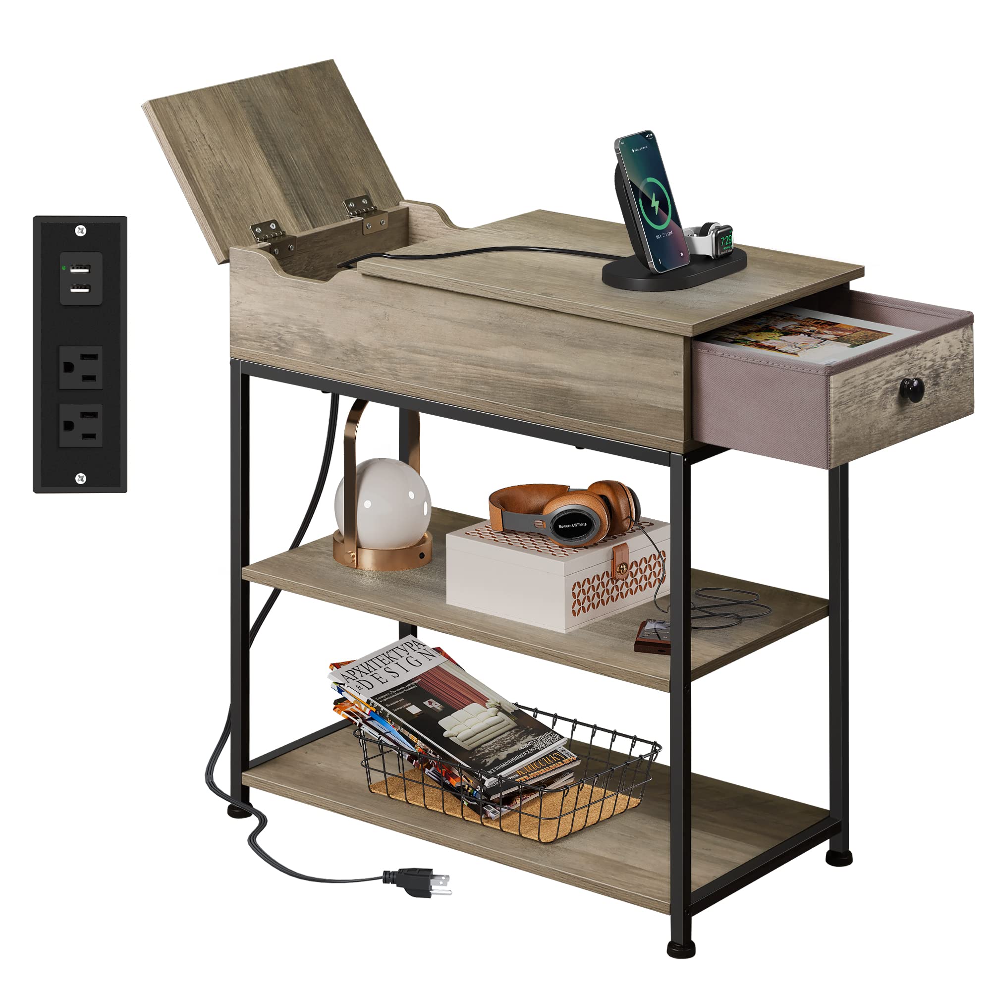 Wlive Narrow Side Table With 2 Usb Ports And 2 Outlets, Flip Top End Table With Drawer And Storage Shelves, End Stand With Charging Station For Living Room, Bedroom, Small Spaces, Greige