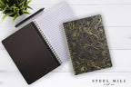 Steel Mill & Co Cute Black Mini Spiral Notebook, 8.25' X 6.25' Journal With Durable Hardcover And 160 Lined Pages, Linear Gold