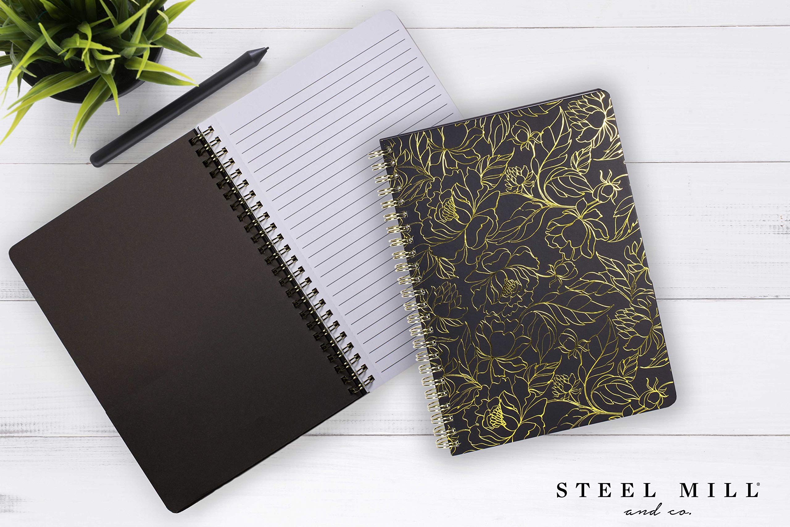 Steel Mill & Co Cute Black Mini Spiral Notebook, 8.25' X 6.25' Journal With Durable Hardcover And 160 Lined Pages, Linear Gold