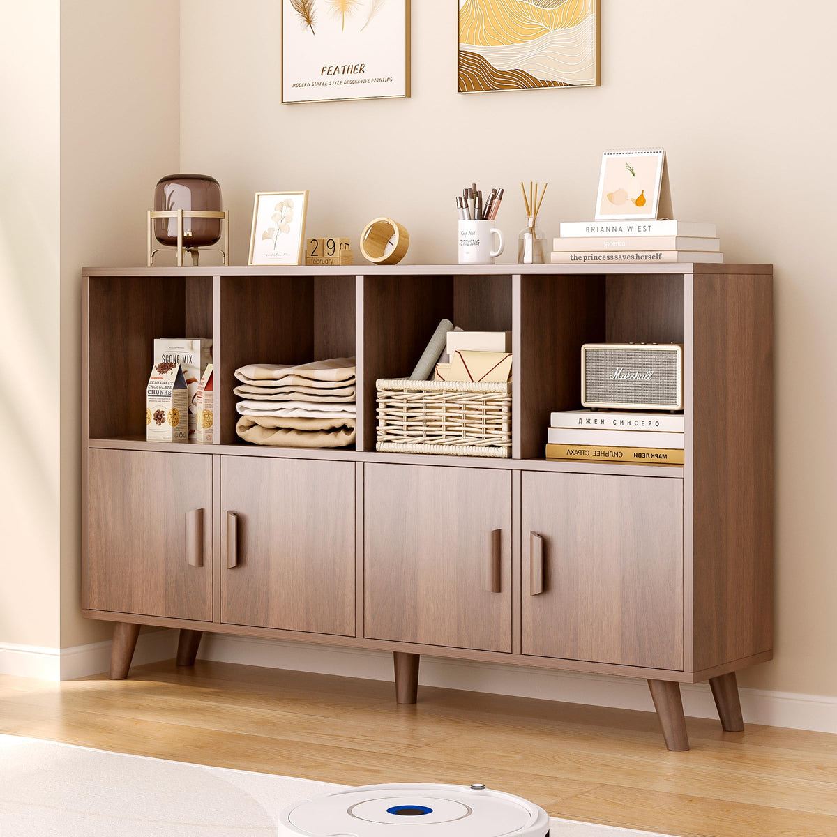 OSCHF 8Cube Bookcase with Doors, 2Tier Low Storage Cabient, Walnut