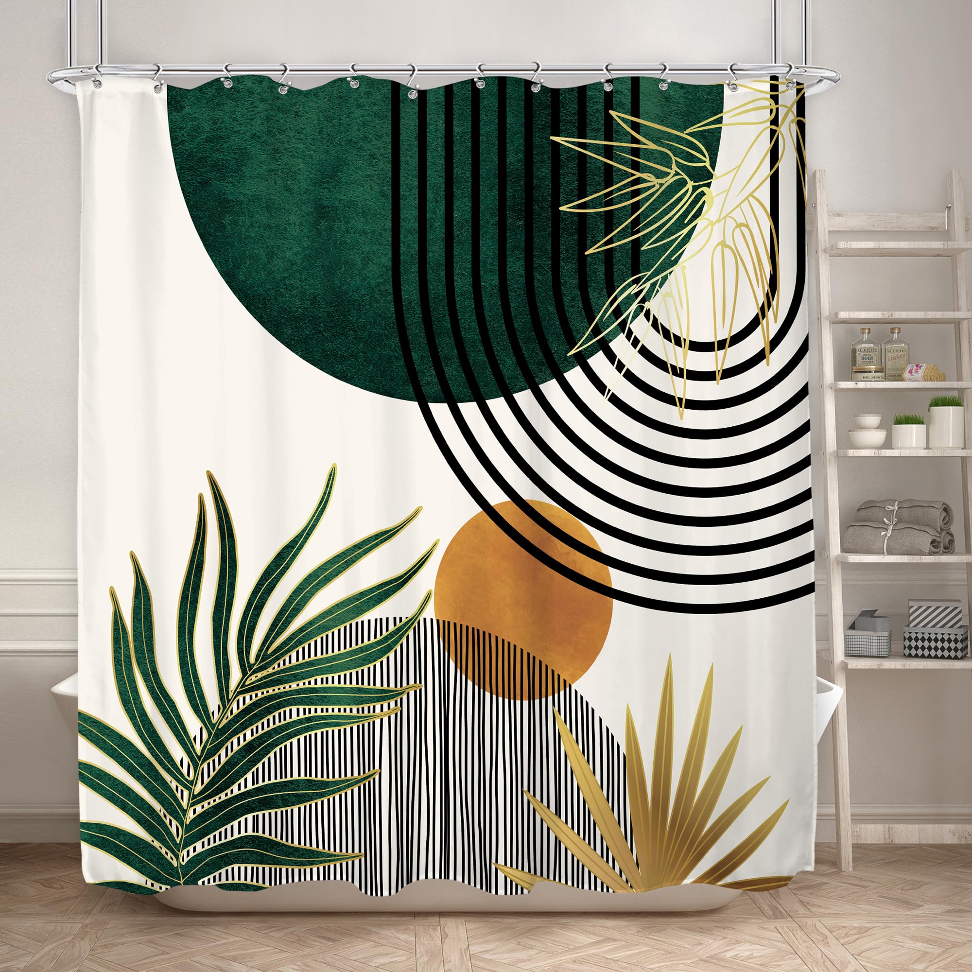 KOMLLEX Mid Century Boho Shower Curtain for Bathroom Decor Abstract Modern Sun Minimalist Aesthetic Arch Curve Leaves Geometric 