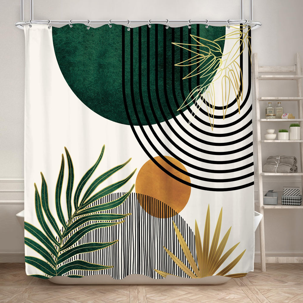 KOMLLEX Mid Century Boho Shower Curtain for Bathroom Decor Abstract Modern Sun Minimalist Aesthetic Arch Curve Leaves Geometric 