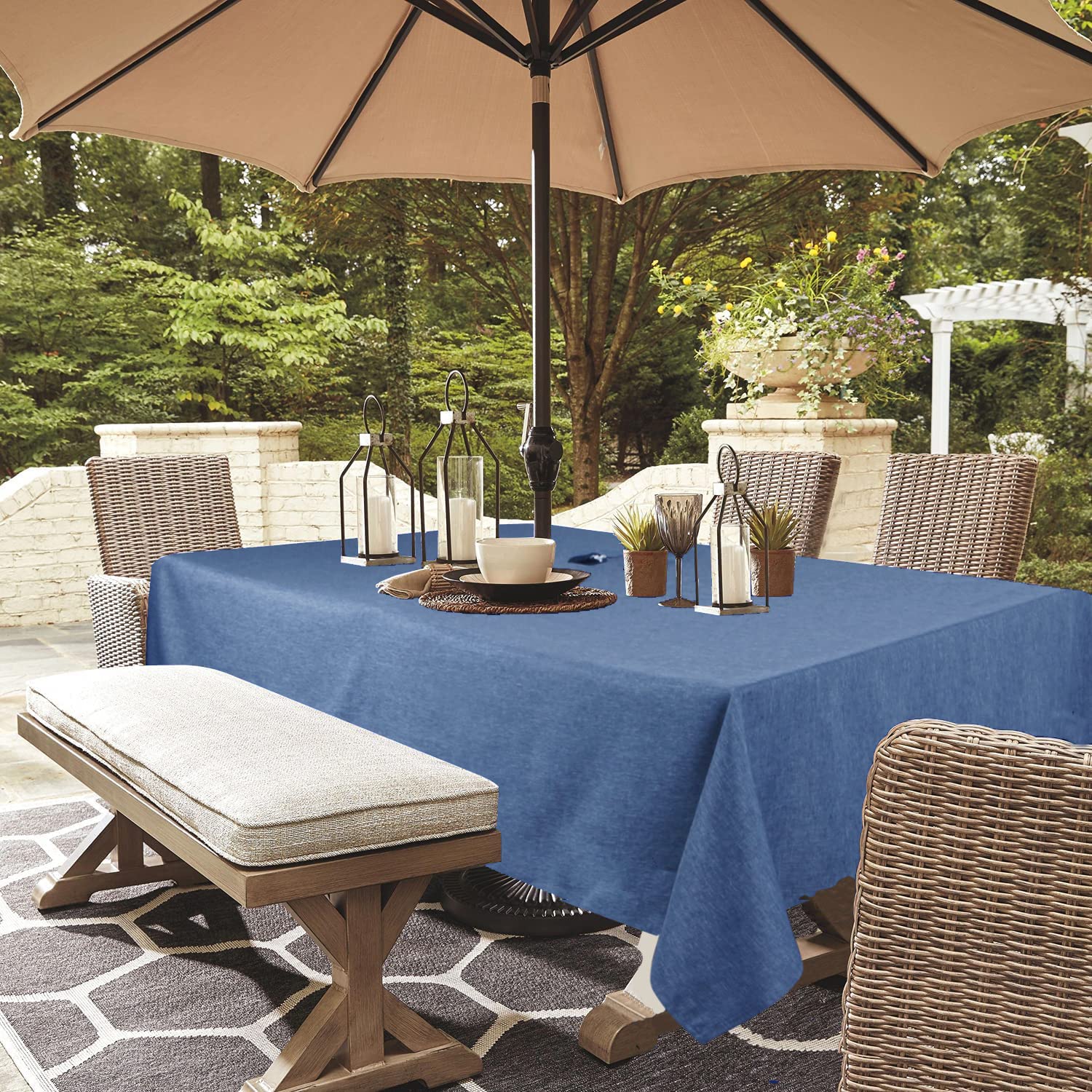 Youngseahome Outdoor Tablecloth Wrinkle-Free Stain Resistant Waterproof Polyester Fabric Table Cover With Zipper Umbrella Hole For Picnic/Party/Dinner/Patio Garden(60×84Inch,Zippered,Denim Blue)
