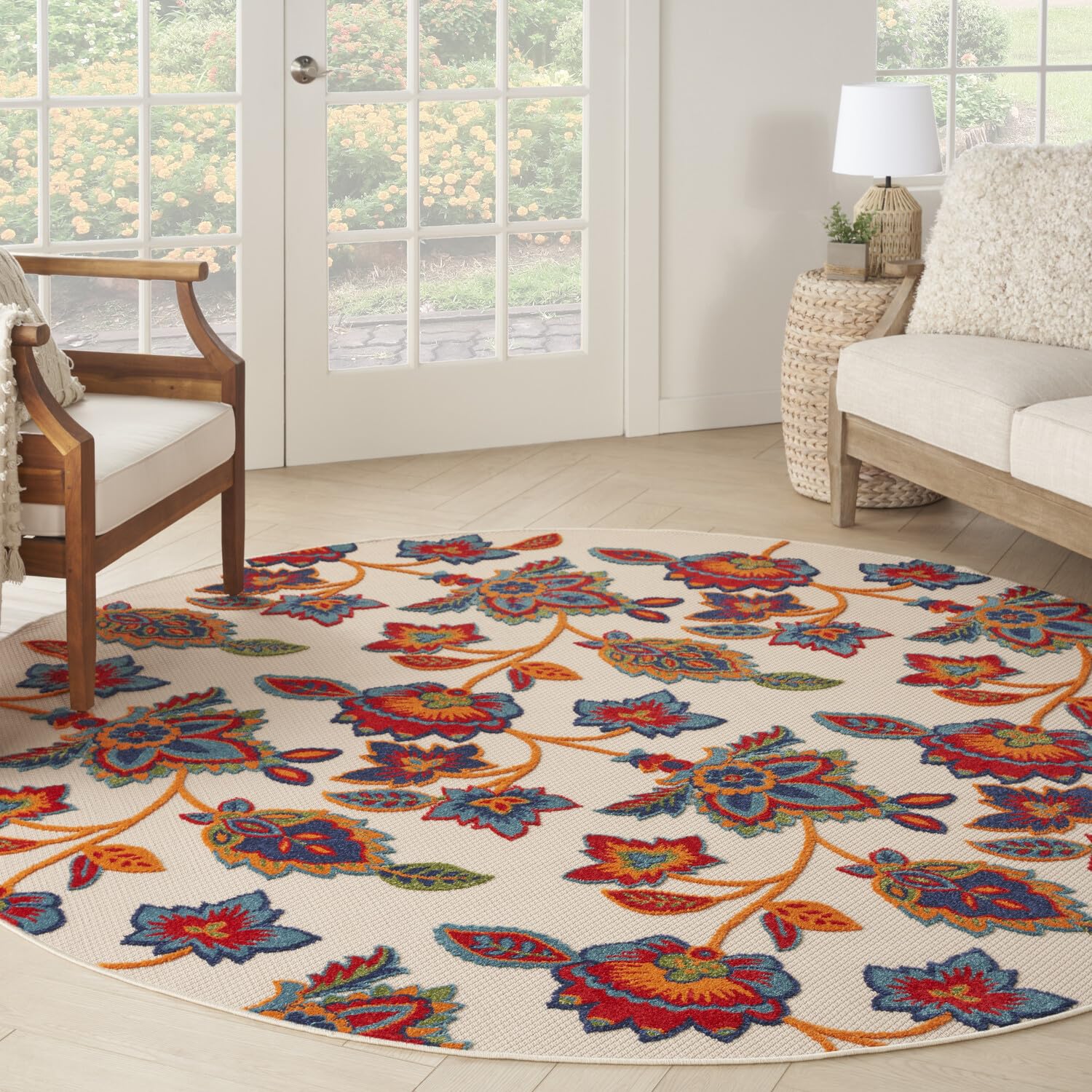Nourison Aloha Indoor-Outdoor Modern Multicolor 7’10” X Round Area Rug, Easy Cleaning, Non Shedding, Bed Room, Living Room, Dining Room, Backyard, Deck, Patio (8 Round)