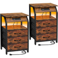 Szlhanjz End Tables Set Of 2, Nightstands With Charging Station And Led Lights, 3 Drawers Fabric Dresser, Storage Side Tables For Bedside, Living Room, Rustic Brown
