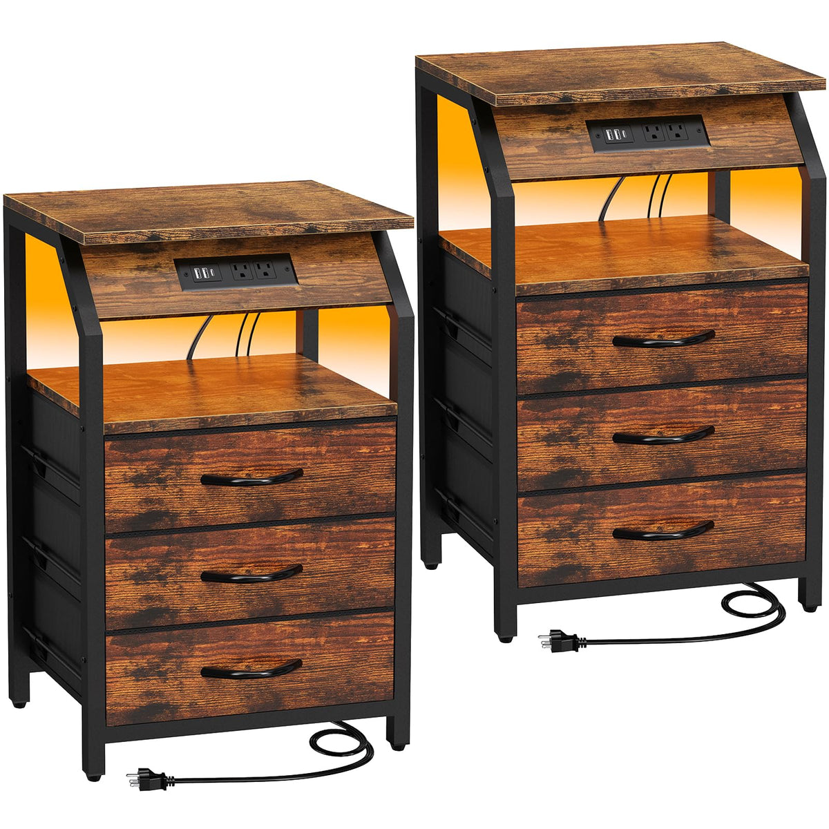 Szlhanjz End Tables Set Of 2, Nightstands With Charging Station And Led Lights, 3 Drawers Fabric Dresser, Storage Side Tables For Bedside, Living Room, Rustic Brown