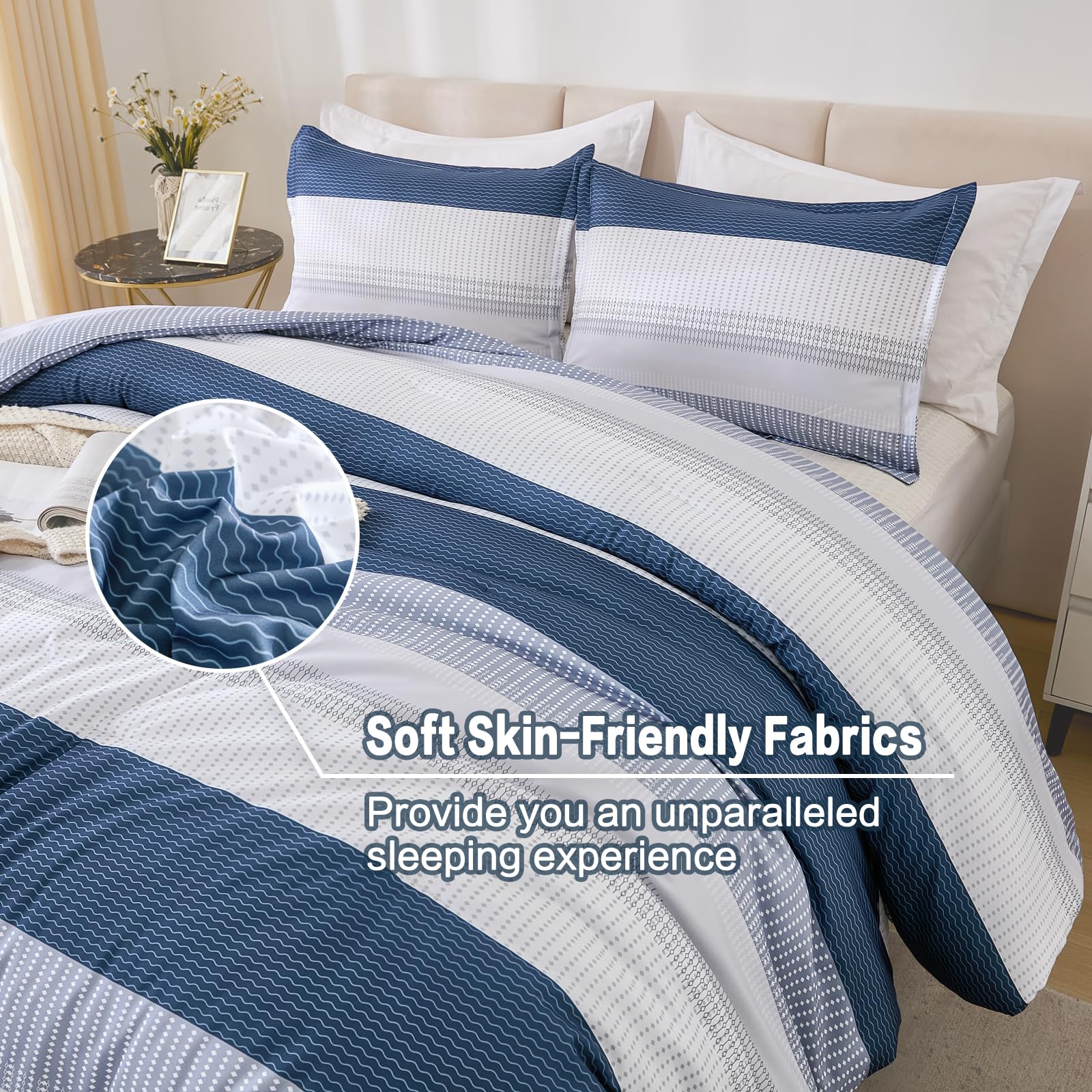 Litanika Mineral Blue Bed Comforter Set Twin/Twin Xl Size, 2 Pieces Lightweight Striped Bedding Comforter Set, Soft All Season D