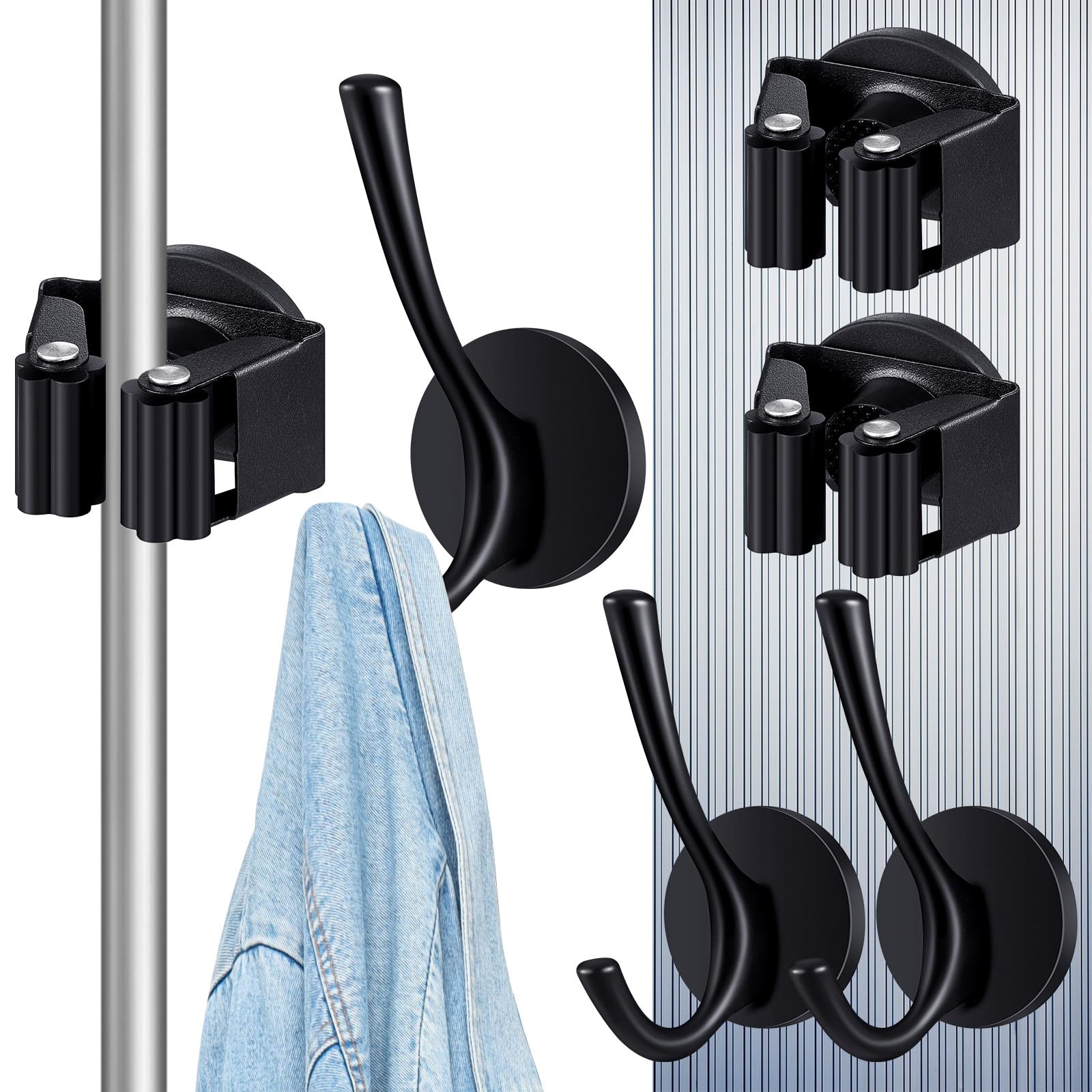 Vercraft 4 Pcs Magnetic Double Hooks Magnetic Coat Hooks Magnetic Mop Broom Holder Movable Magnetic Broom Holder Rack for Garage