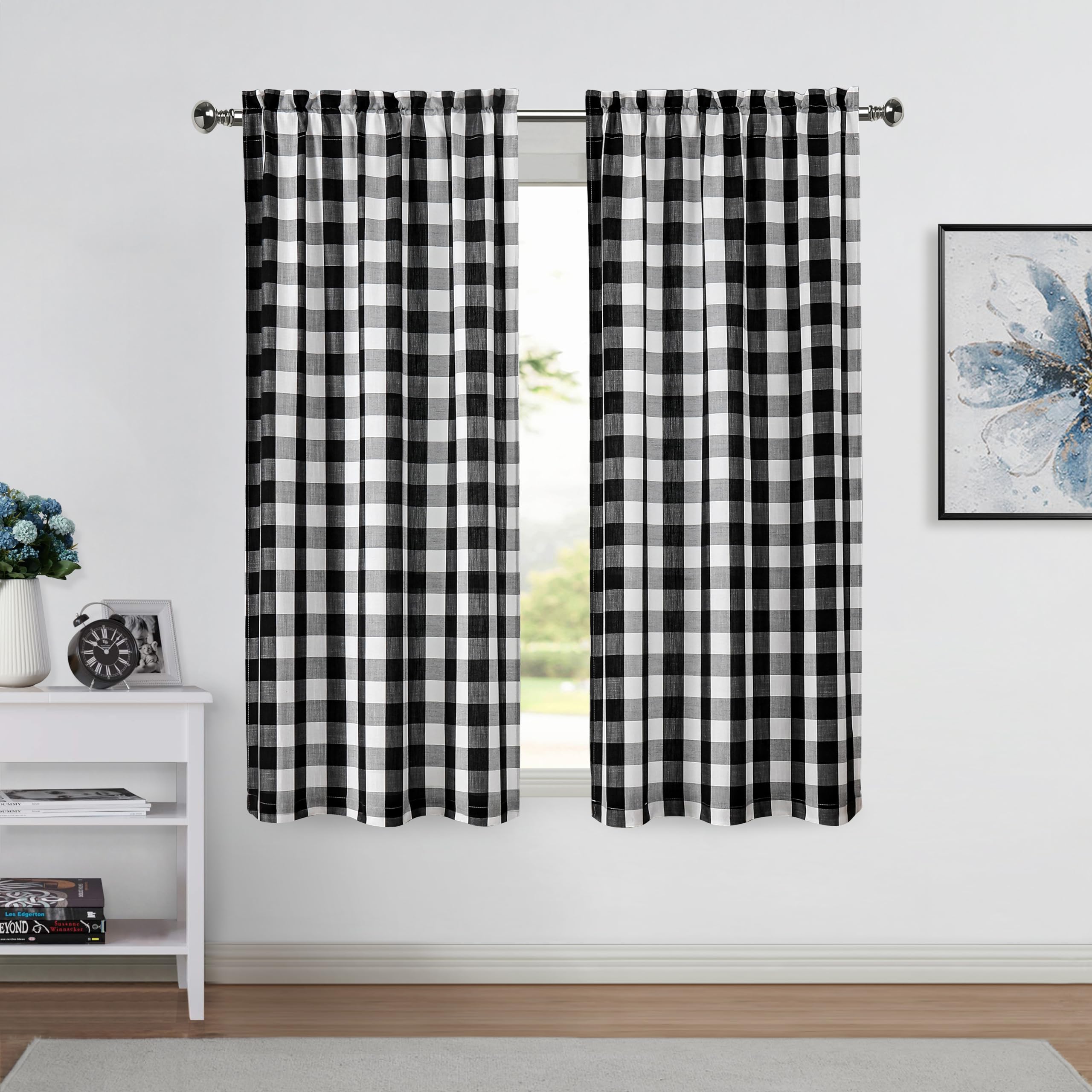 Bapawfish Black And White Buffalo Plaid Checkered Window Curtain Drape Panels 63 Inch Length, Farmhouse Rustic Rod Pocket Treatm