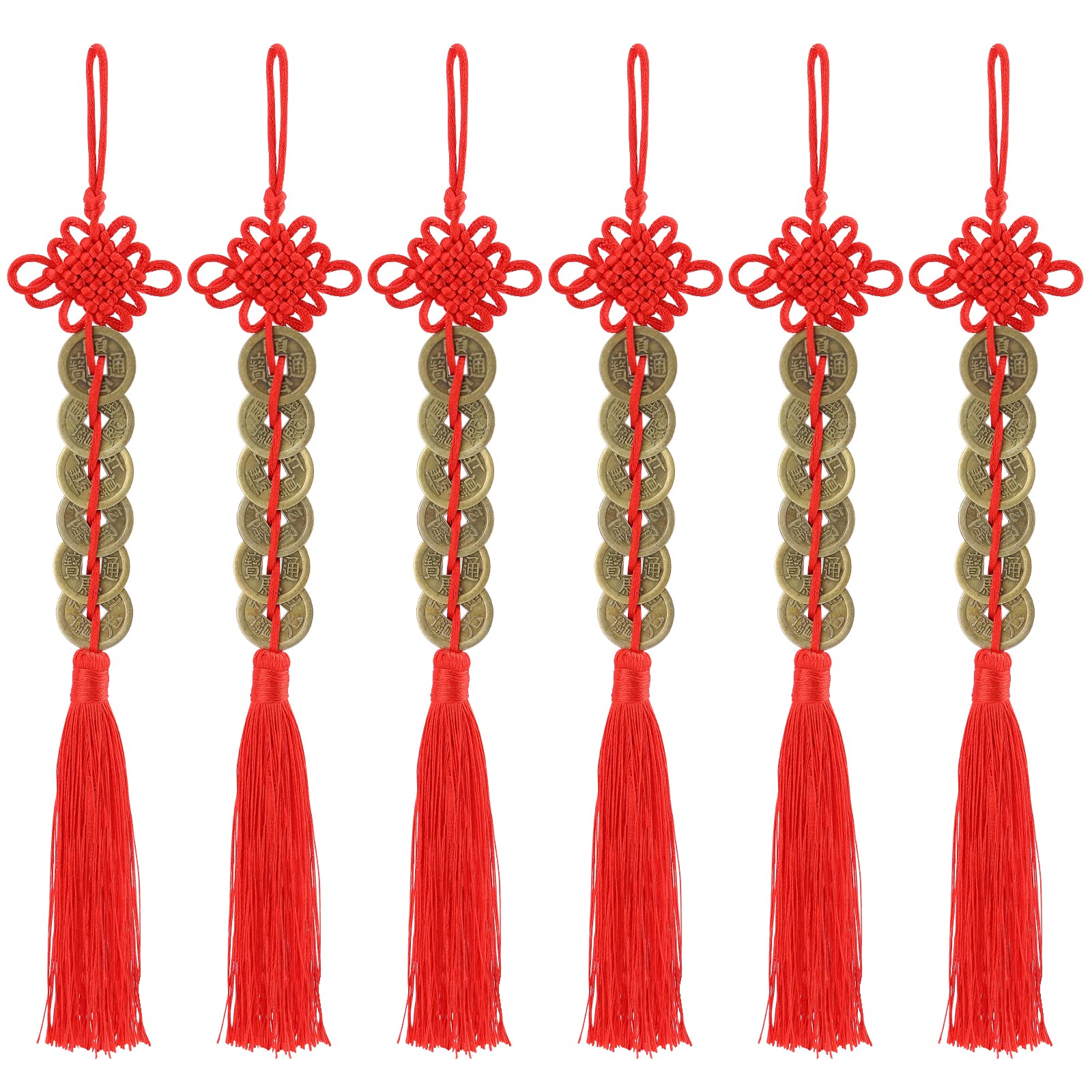 ISKYBOB Chinese Feng Shui Coins, Set of 6 I Ching Coins with Red Chinese Knot String Vintage Lucky Fortune Coins Charm for Home 