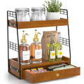 Coffee Bar Station Organizer with Drawer, 2Tier Countertop Shelf (Walnut)