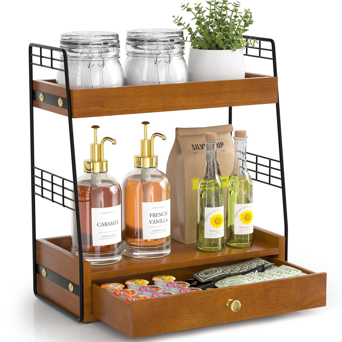 Coffee Bar Station Organizer with Drawer, 2Tier Countertop Shelf (Walnut)