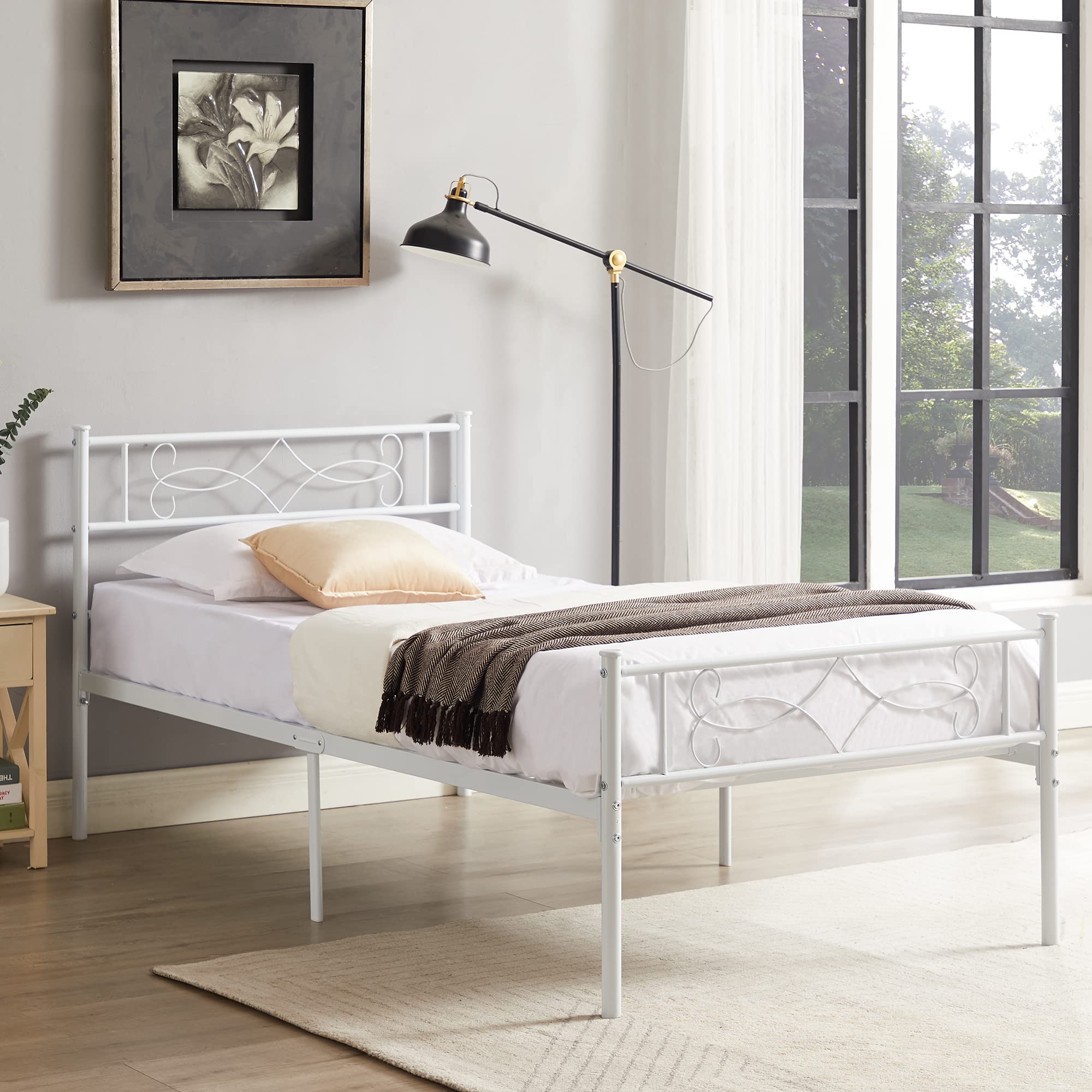 Vecelo 14' Twin Size White Metal Platform Bed Frame With Headboard,Premium Steel Slat Support/No Box Spring Needed/Noise-Free/Easy Assembly