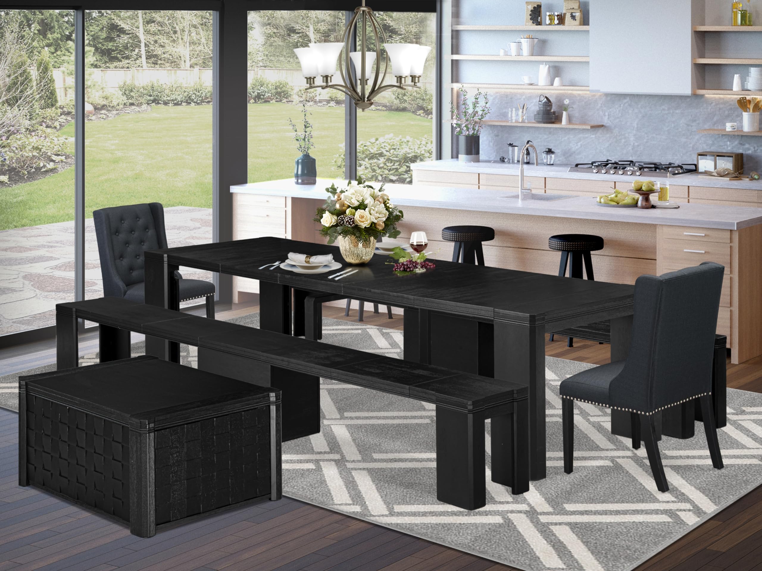 Luxe by East West Furniture - X02FO-2C6-24 - 5-piece Modern Dining Table Set a Rectangular Kitchen Table and 2 wooden Benches and 2 Black Linen Fabric Dining Chair, 39x120 Inch, Wire Brushed Black