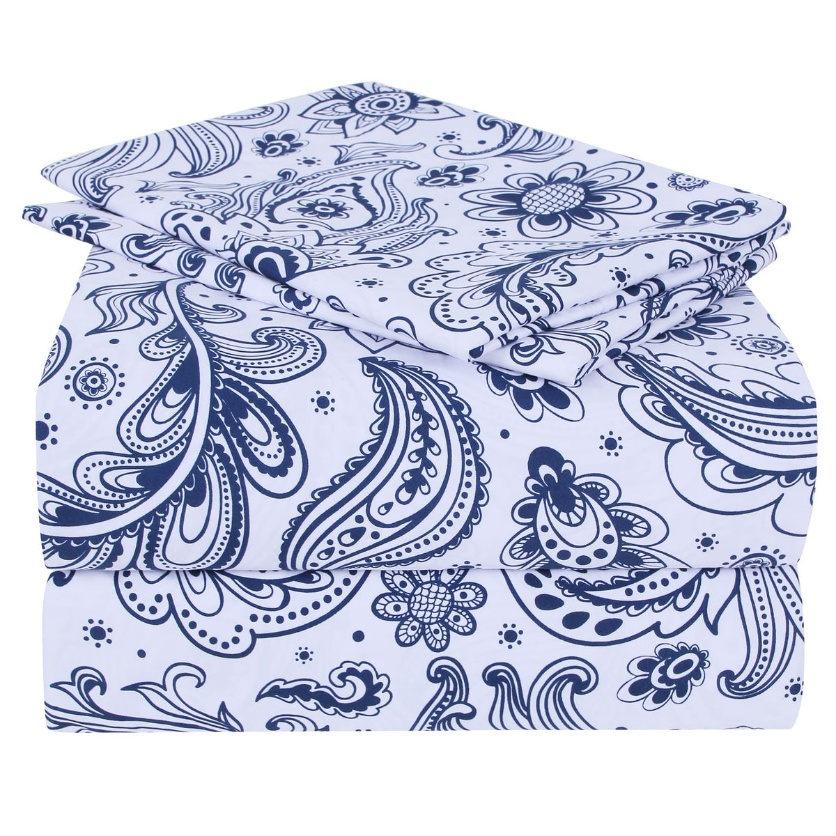 Jsd Navy Blue Paisley Sheet Set Full Size, 4 Piece Soft Printed Microfiber Sheets Extra Deep Pocket
