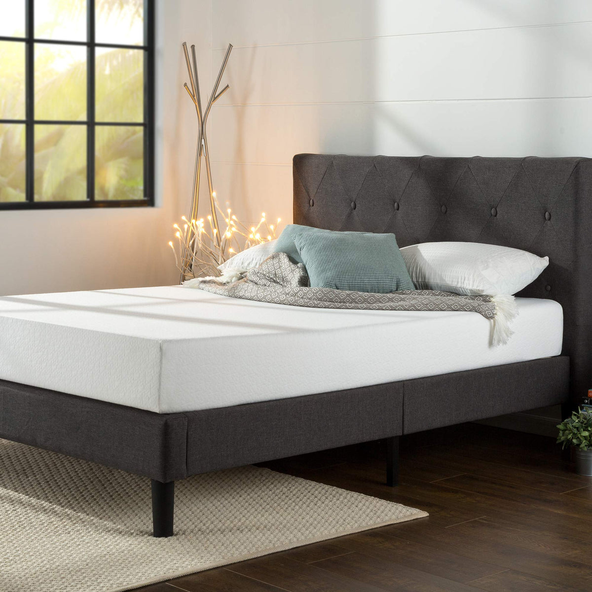 ZINUS Shalini Upholstered Platform Bed Frame, Mattress Foundation, Wood Slat Support, No Box Spring Needed, Easy Assembly, Dark 